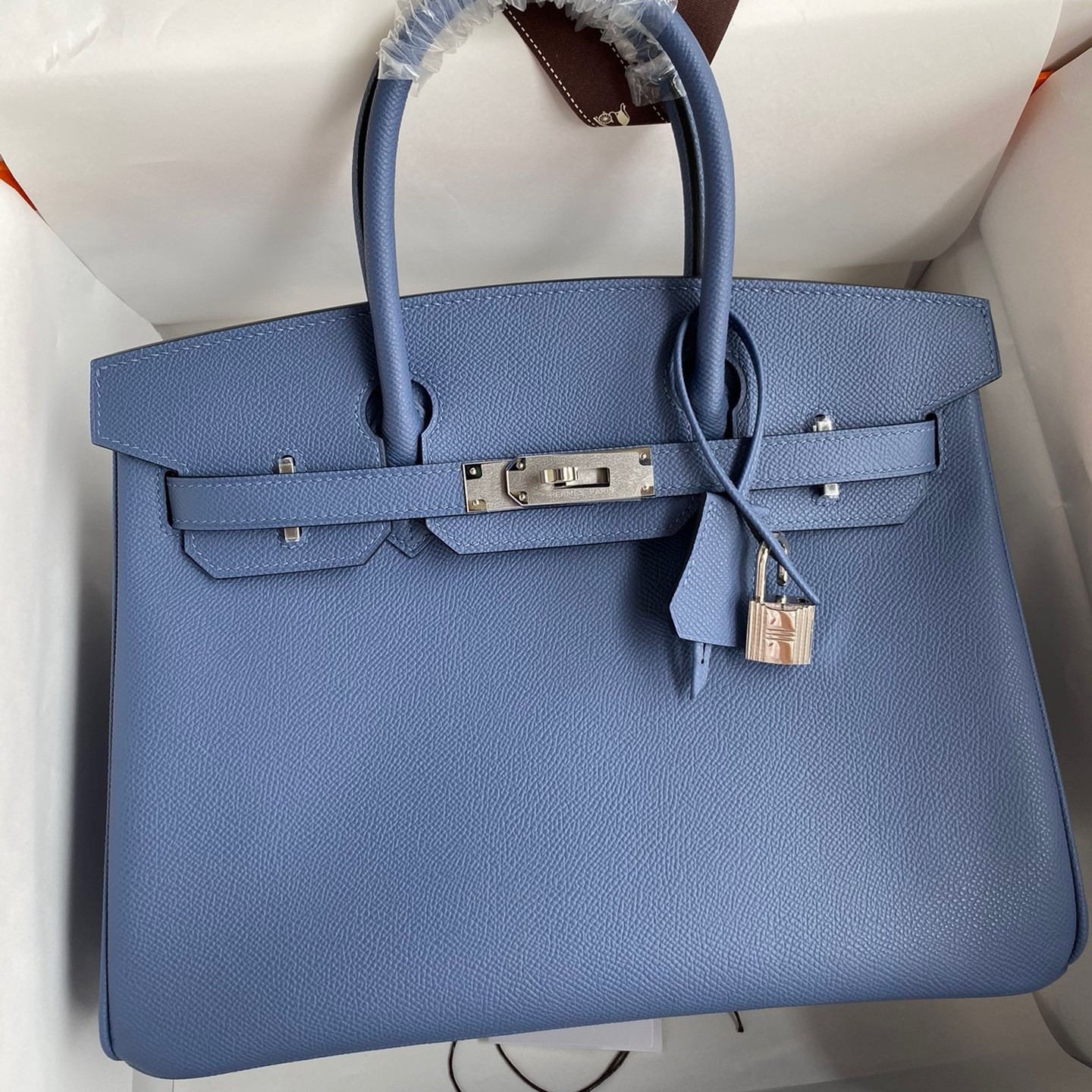 H**mes birkin 30 retourne handmade bag in blue agate epsom calfskin