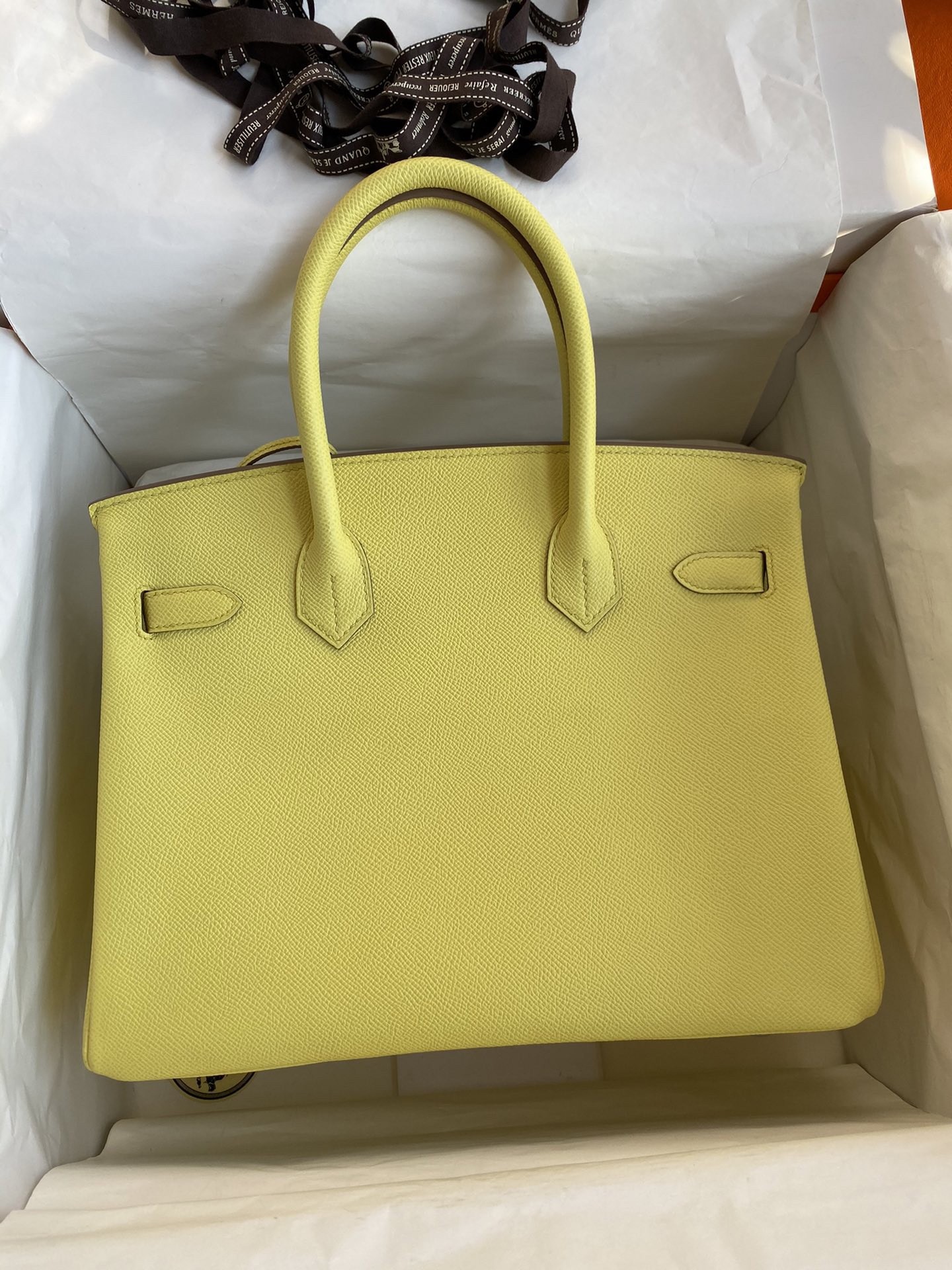 H**mes birkin 30 retourne handmade bag in lime epsom calfskin