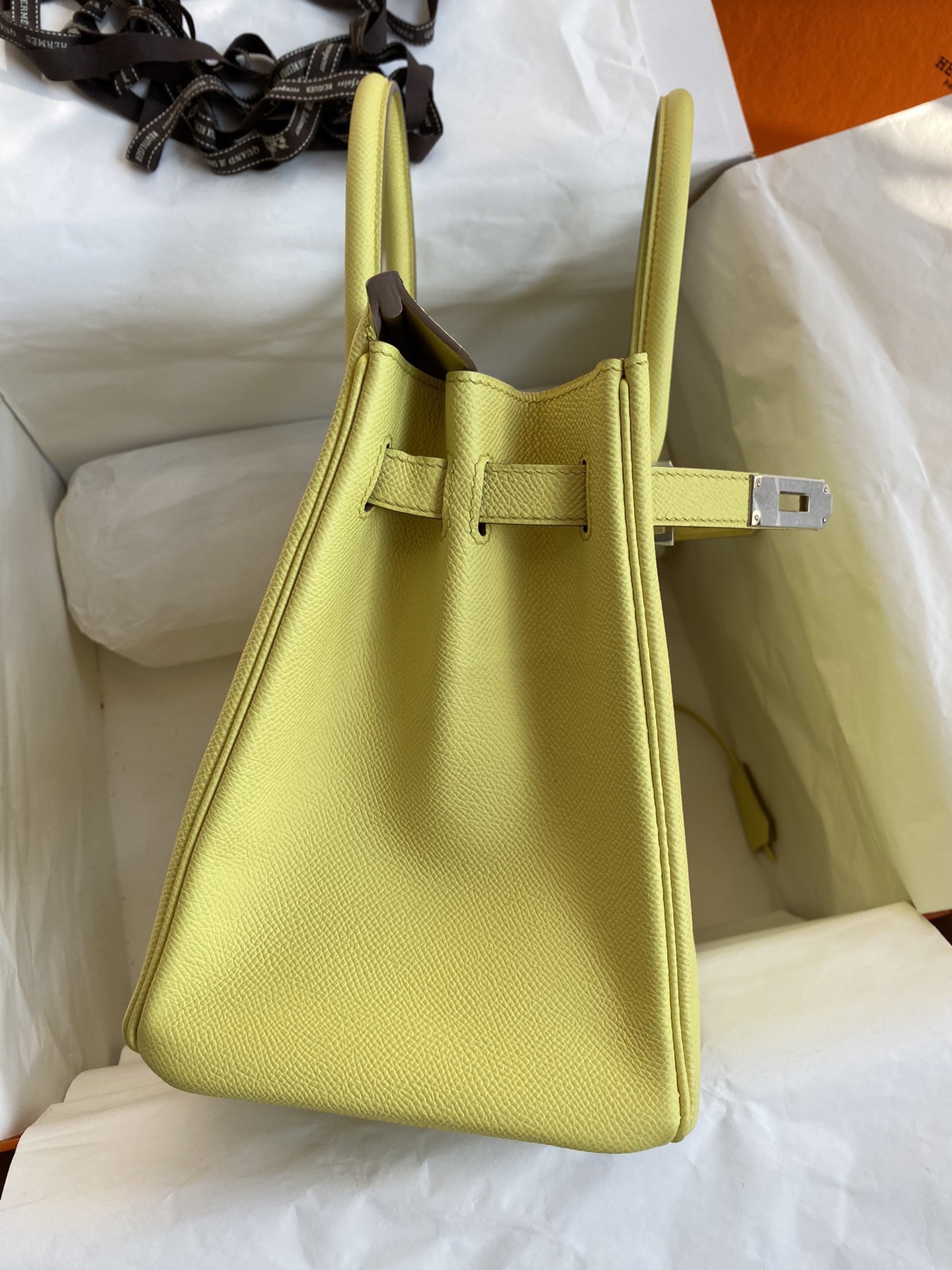 H**mes birkin 30 retourne handmade bag in lime epsom calfskin