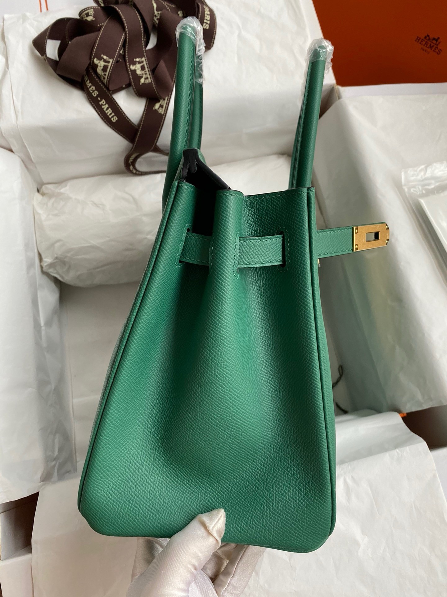 H**mes birkin 30 retourne handmade bag in malachite epsom calfskin