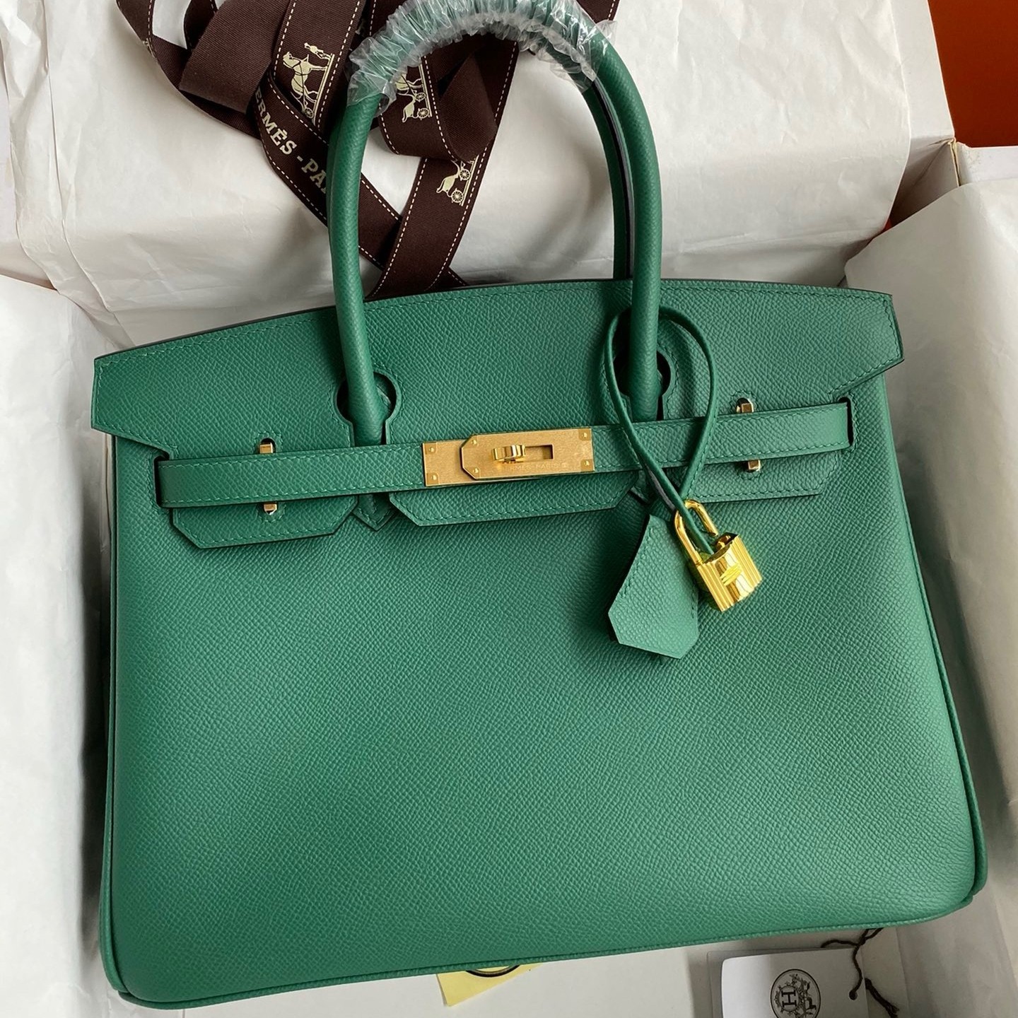 H**mes birkin 30 retourne handmade bag in malachite epsom calfskin