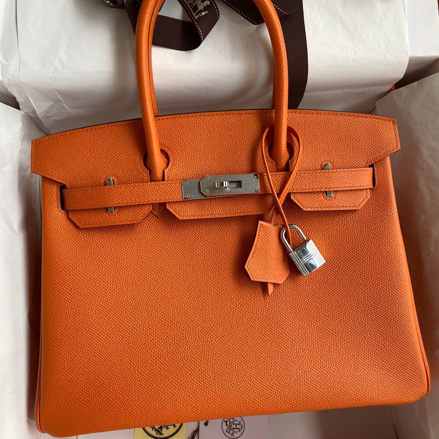 H**mes birkin 30 retourne handmade bag in orange epsom calfskin
