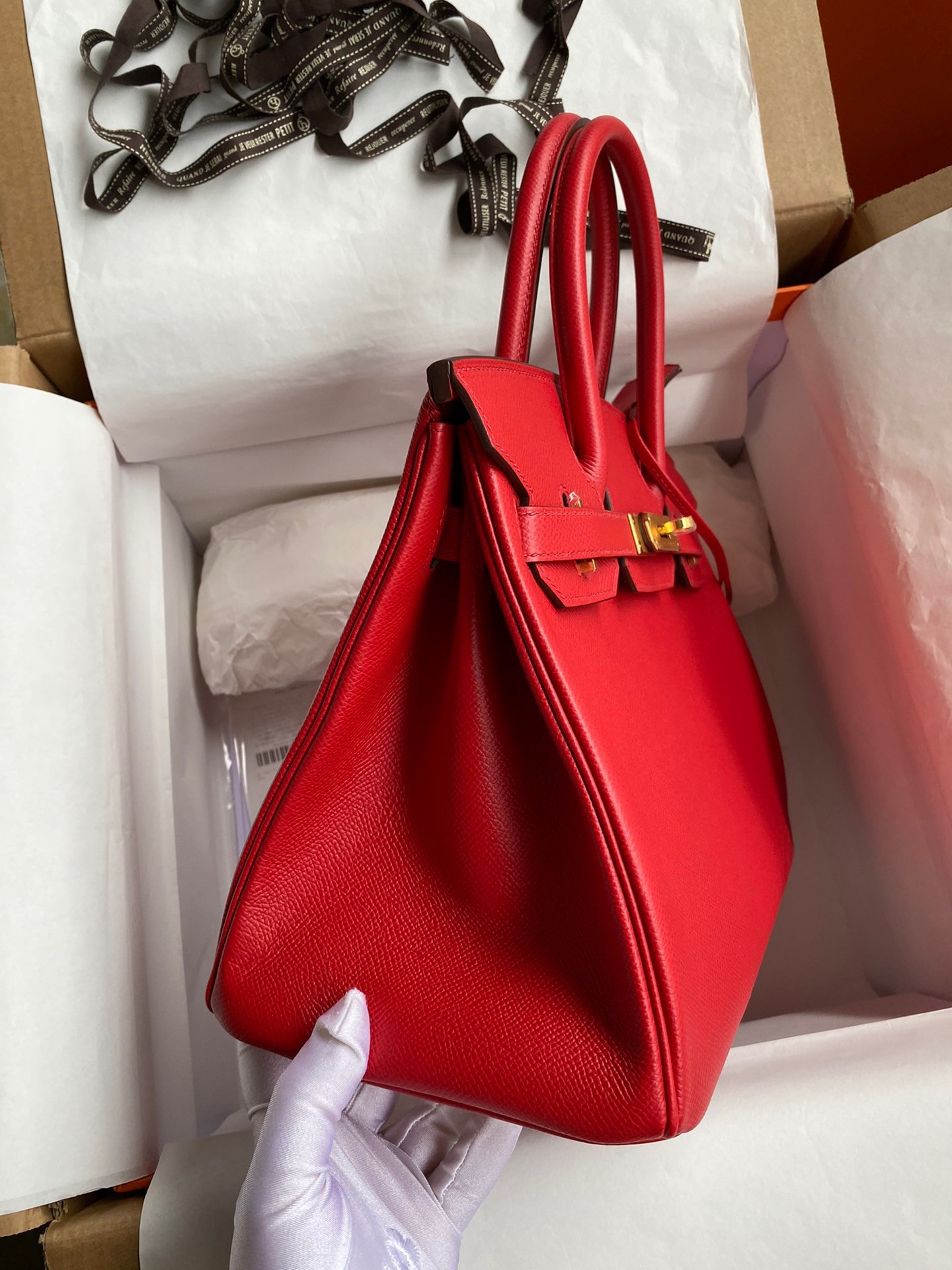 H**mes birkin 30 retourne handmade bag in red epsom calfskin