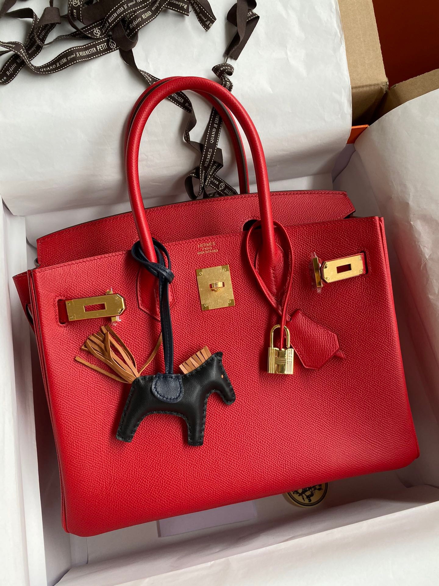 H**mes birkin 30 retourne handmade bag in red epsom calfskin
