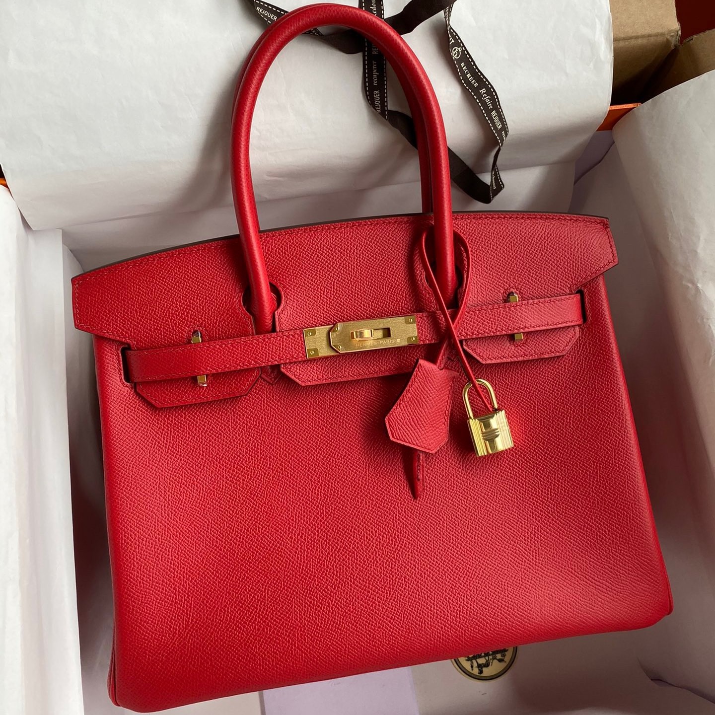 H**mes birkin 30 retourne handmade bag in red epsom calfskin