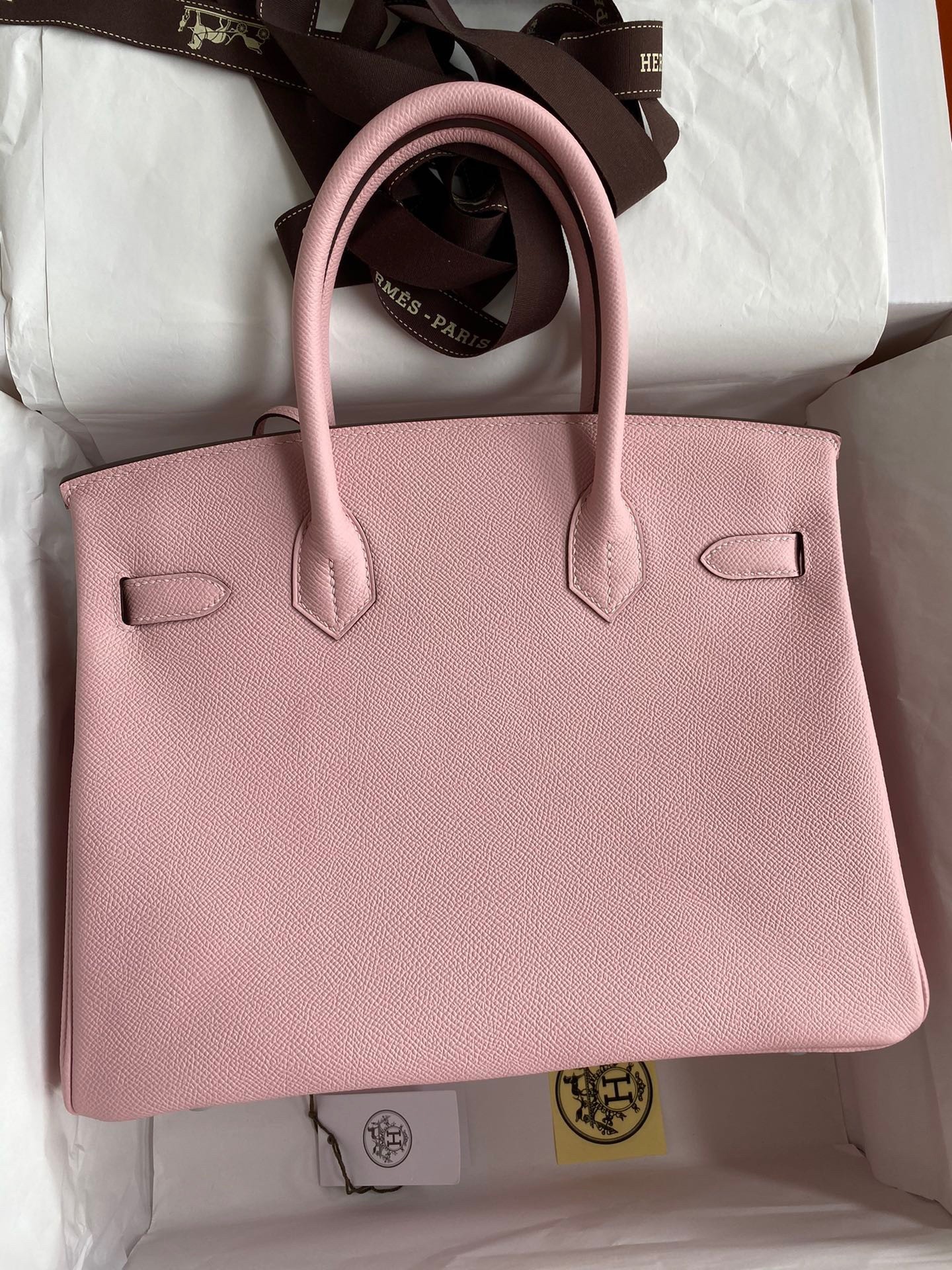 H**mes birkin 30 retourne handmade bag in rose sakura epsom calfskin