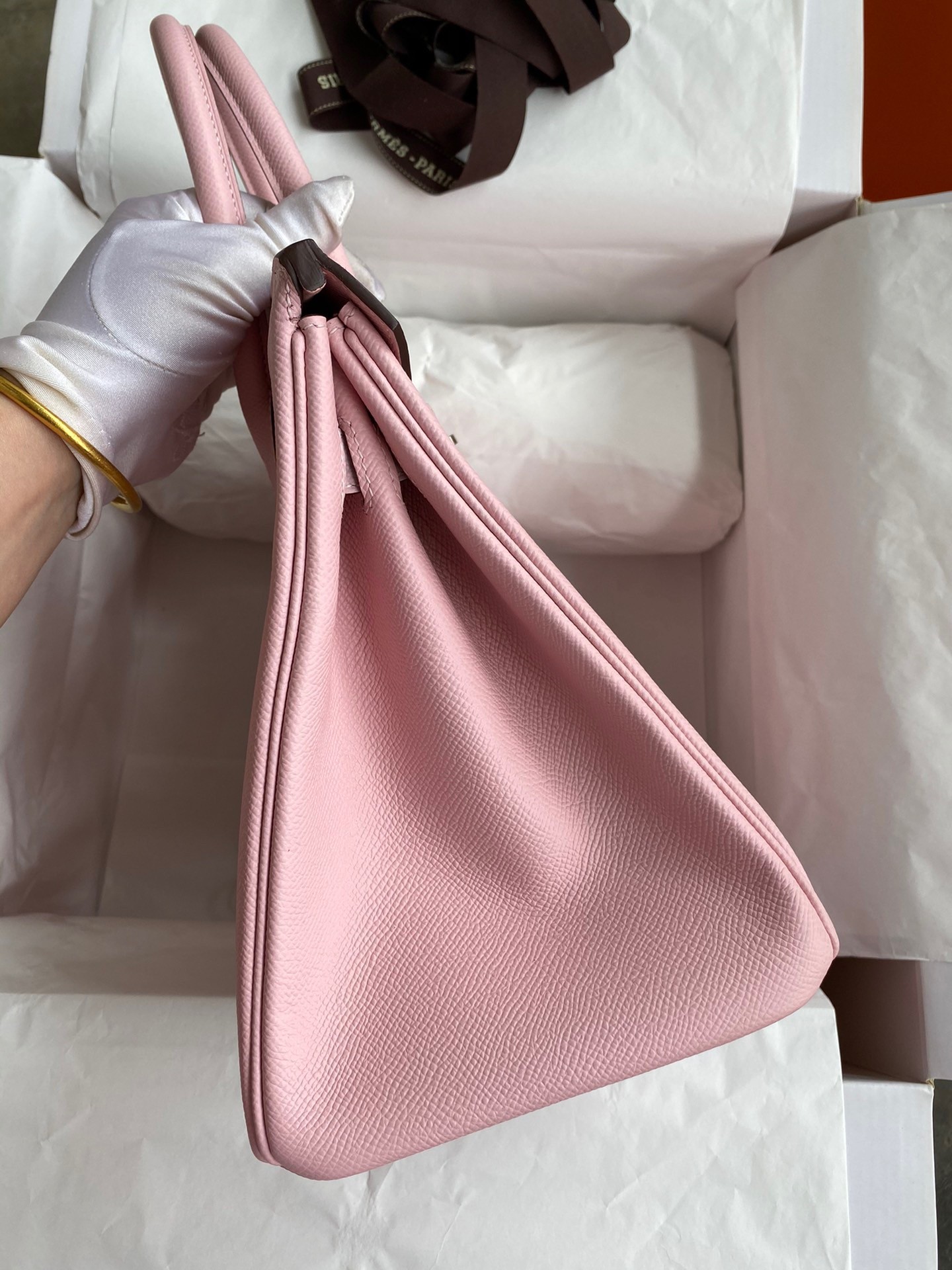 H**mes birkin 30 retourne handmade bag in rose sakura epsom calfskin