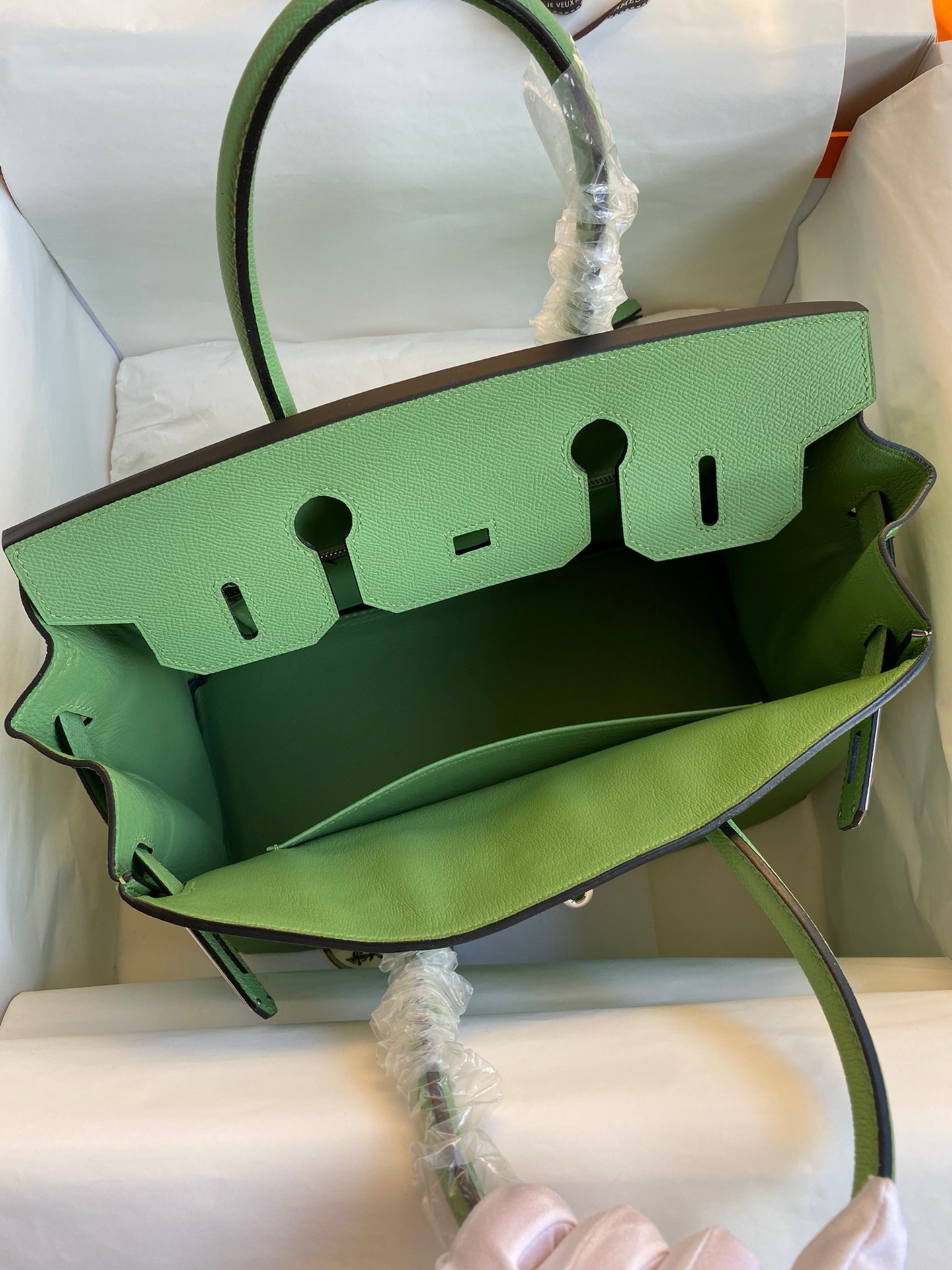 H**mes birkin 30 retourne handmade bag in vert cypres epsom calfskin