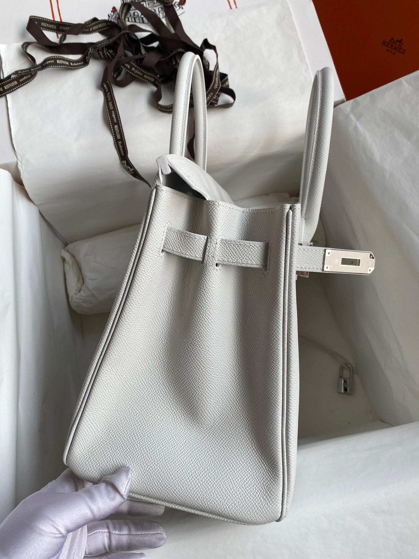 H**mes birkin 30 retourne handmade bag in white epsom calfskin