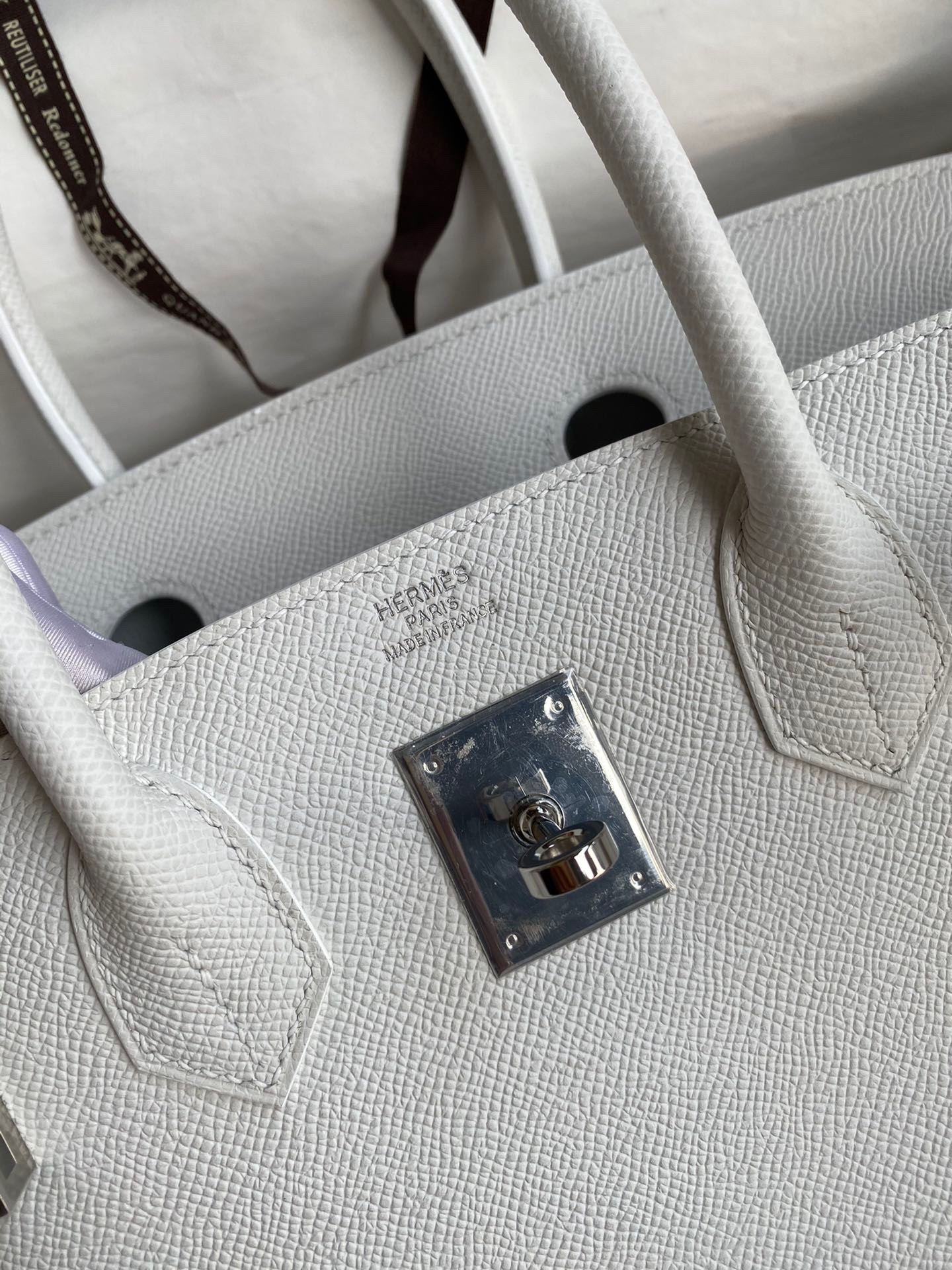 H**mes birkin 30 retourne handmade bag in white epsom calfskin