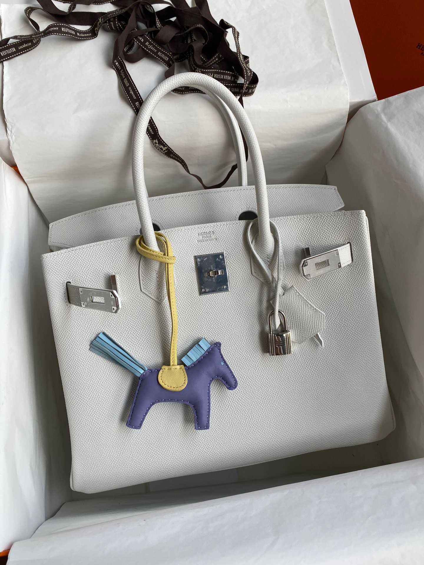 H**mes birkin 30 retourne handmade bag in white epsom calfskin