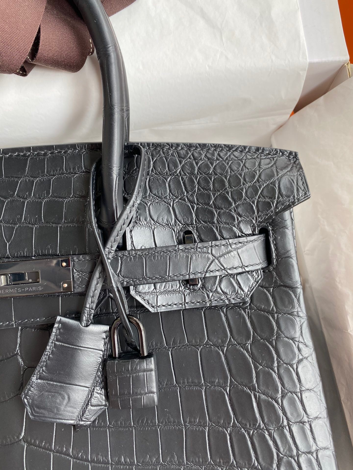 H**mes birkin 30 handmade bag in black crocodile niloticus matte skin