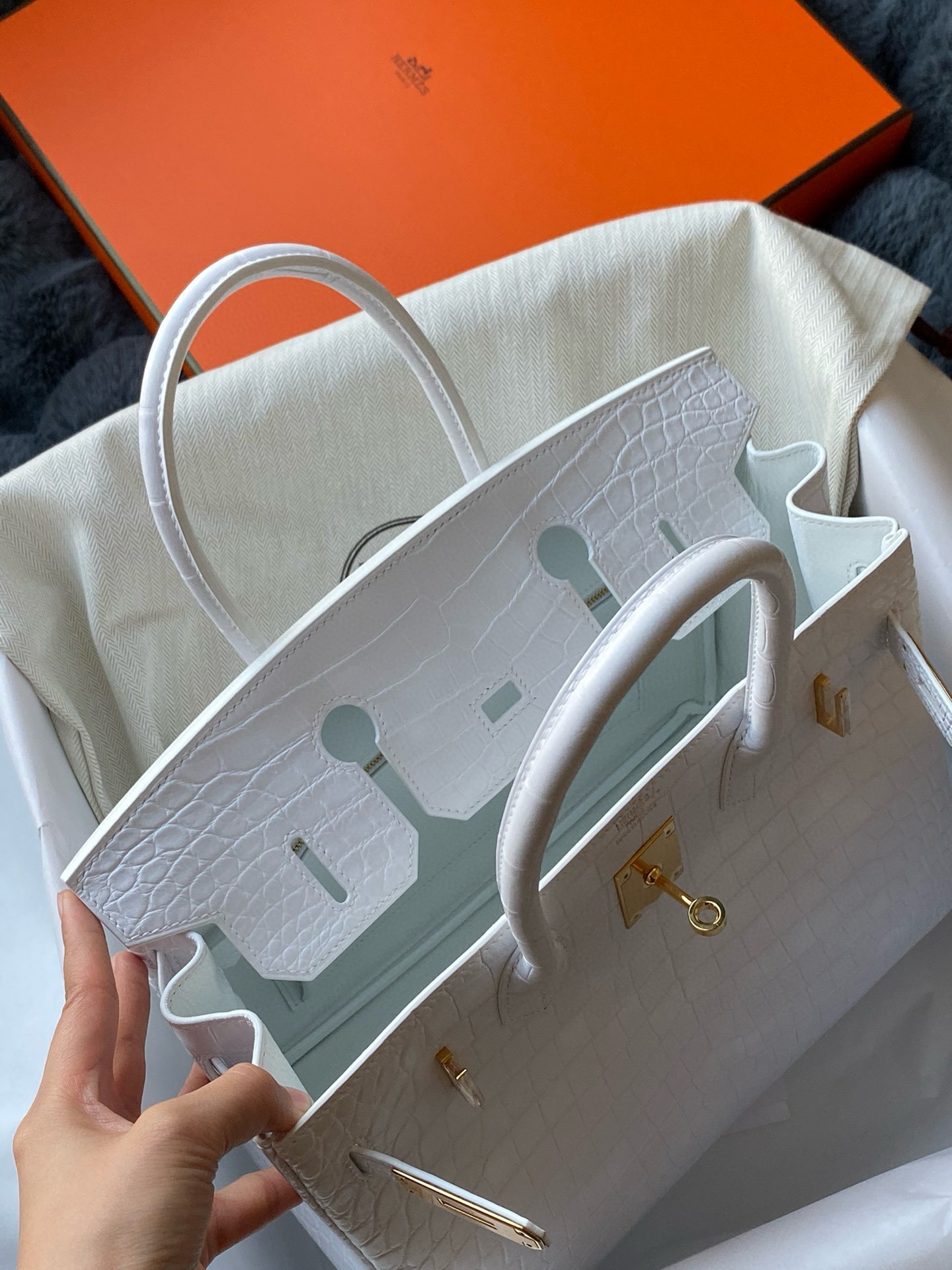 H**mes birkin 30 handmade bag in white crocodile niloticus matte skin