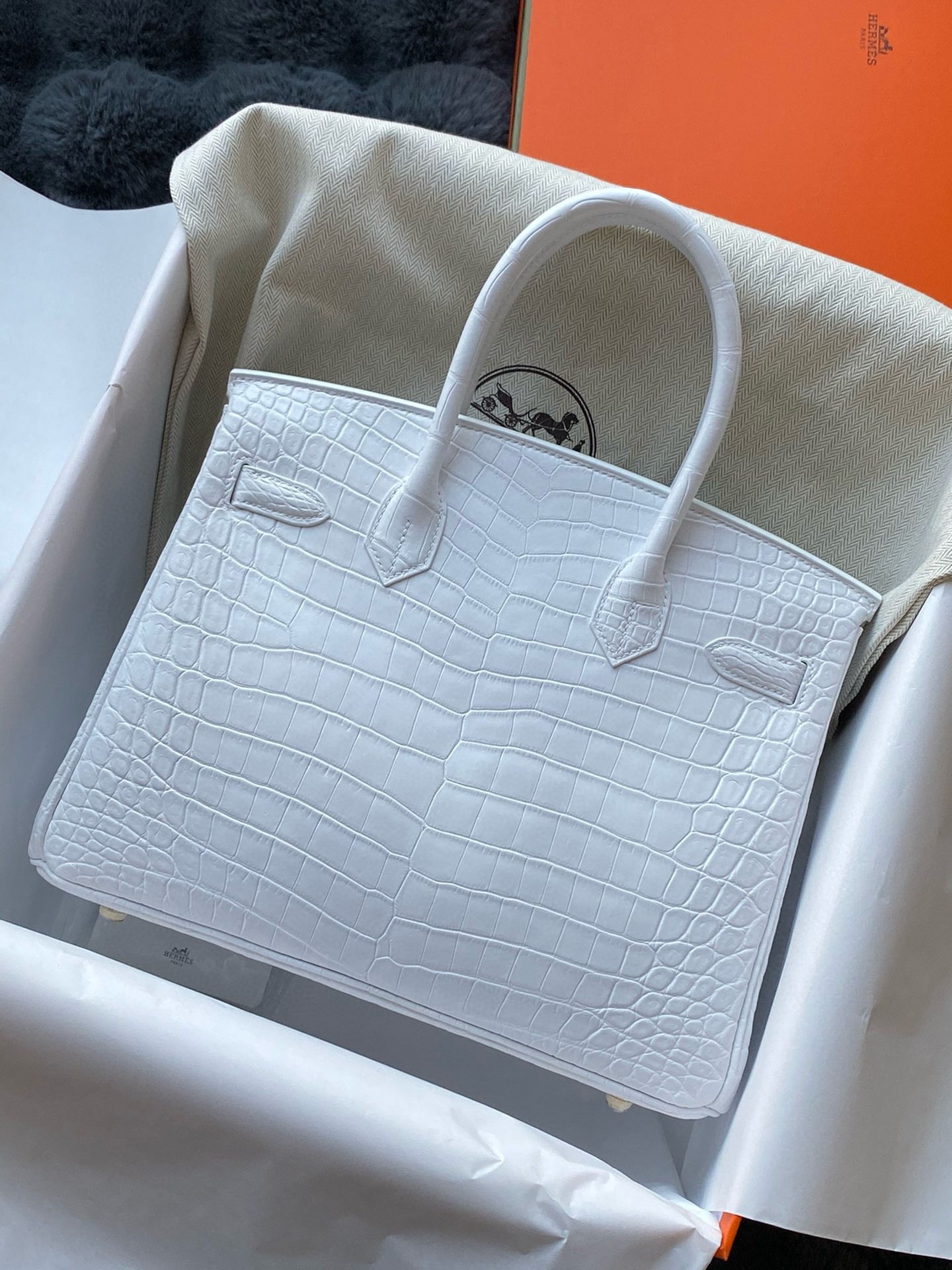 H**mes birkin 30 handmade bag in white crocodile niloticus matte skin