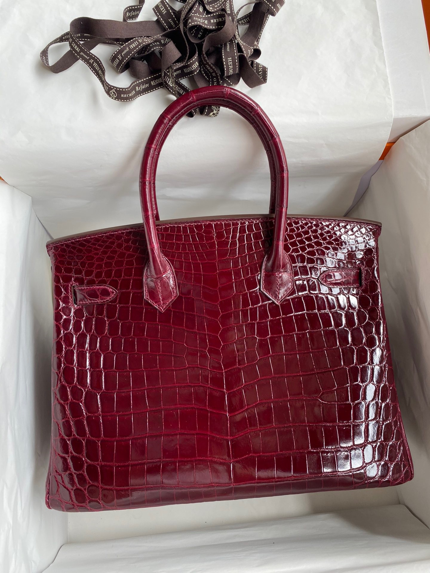 H**mes birkin 30 handmade bag in bordeaux crocodile niloticus shiny skin