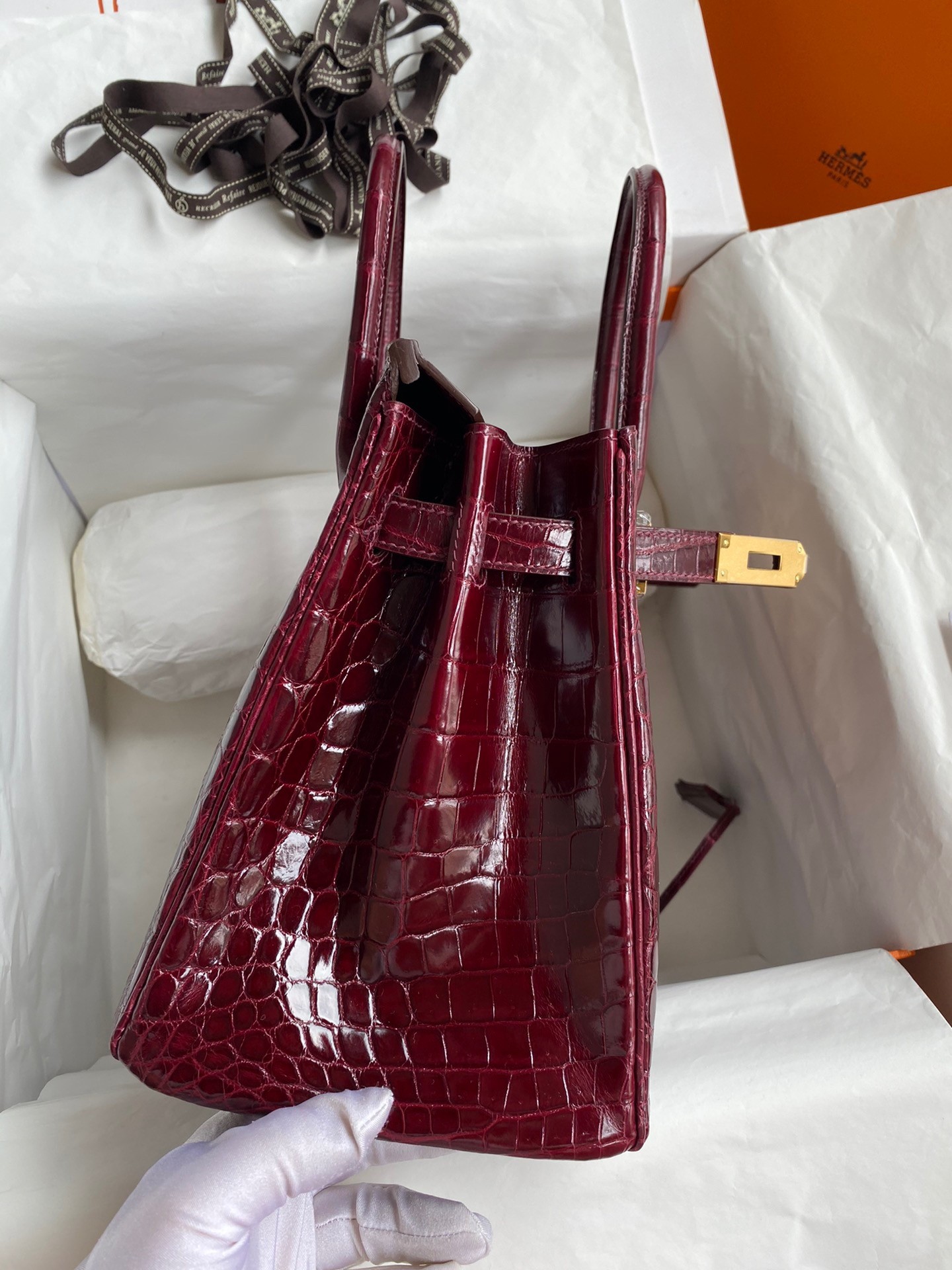 H**mes birkin 30 handmade bag in bordeaux crocodile niloticus shiny skin
