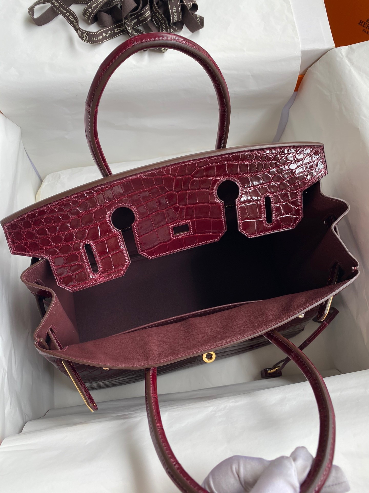 H**mes birkin 30 handmade bag in bordeaux crocodile niloticus shiny skin