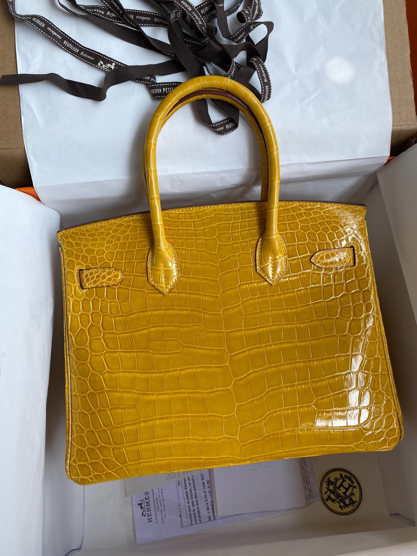 H**mes birkin 30 handmade bag in jaune ambre crocodile niloticus shiny skin