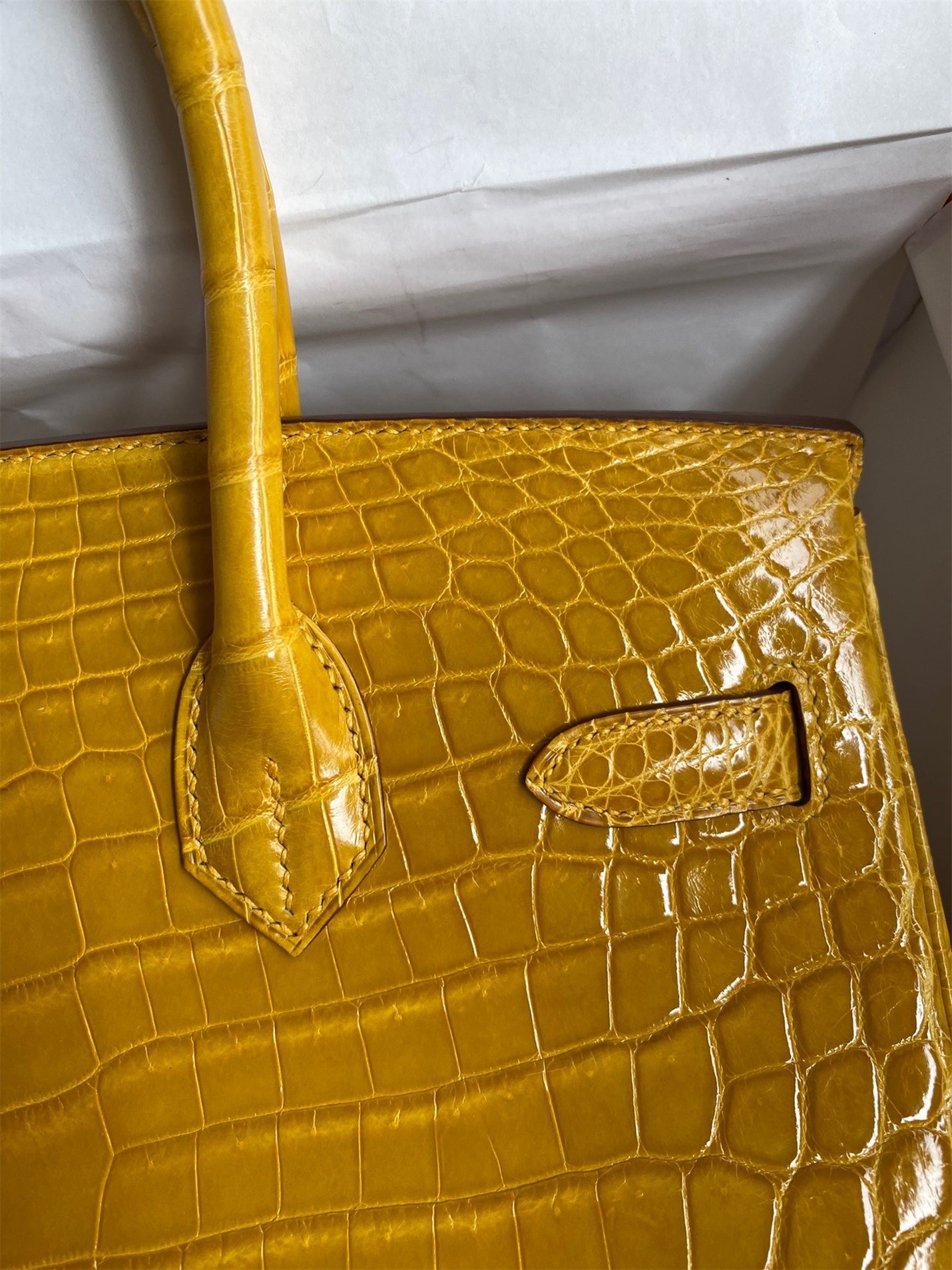 H**mes birkin 30 handmade bag in jaune ambre crocodile niloticus shiny skin