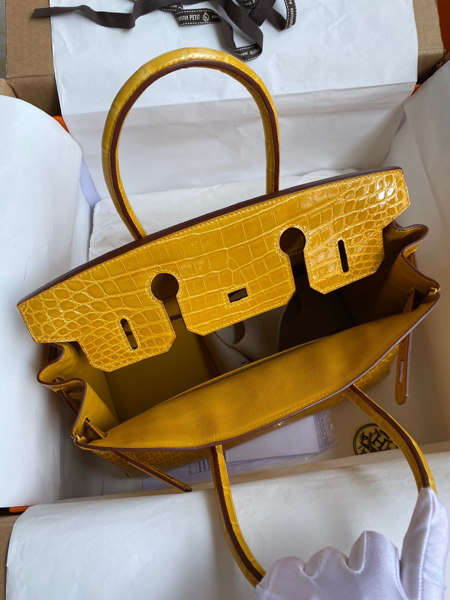 H**mes birkin 30 handmade bag in jaune ambre crocodile niloticus shiny skin