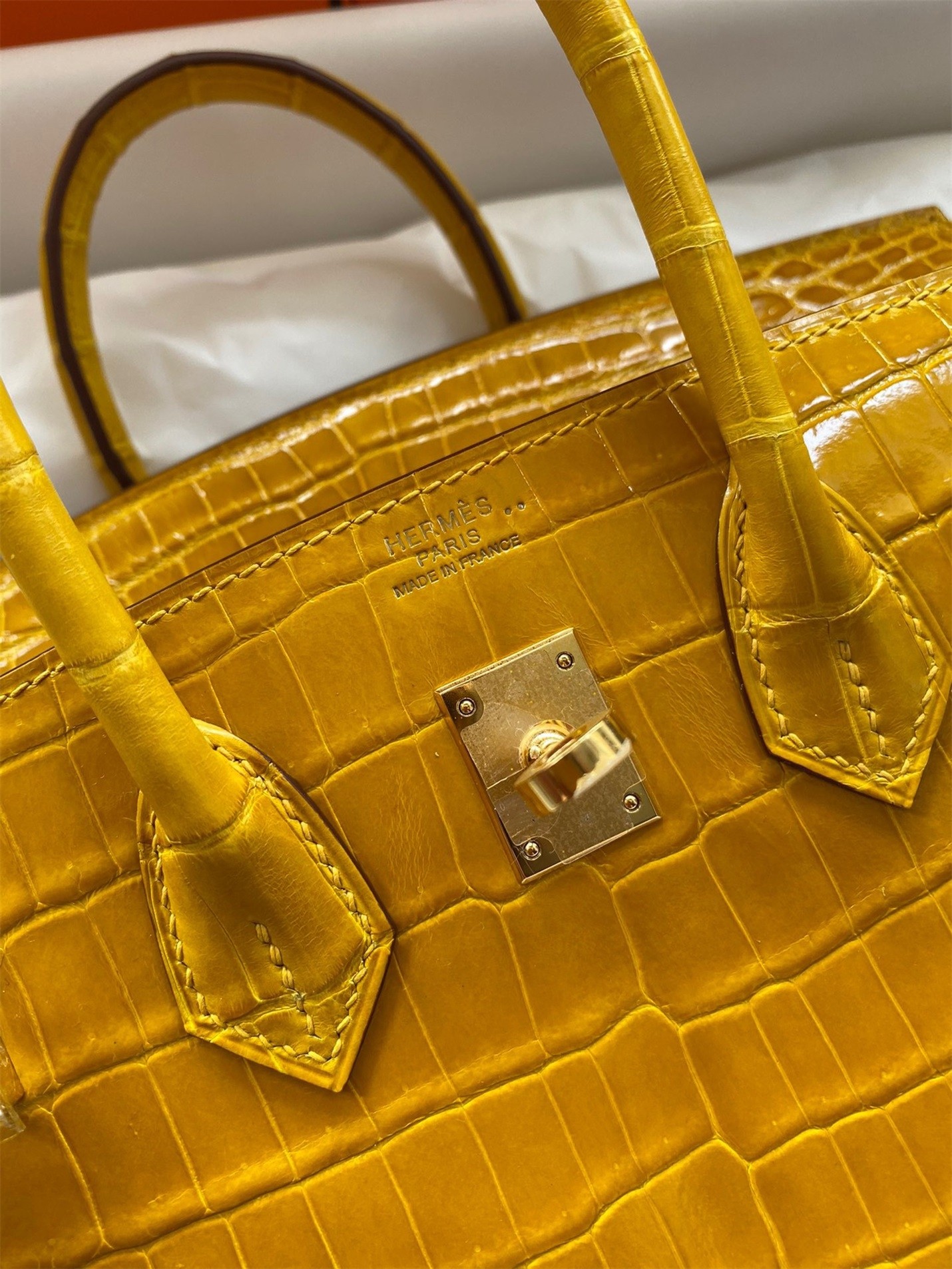 H**mes birkin 30 handmade bag in jaune ambre crocodile niloticus shiny skin