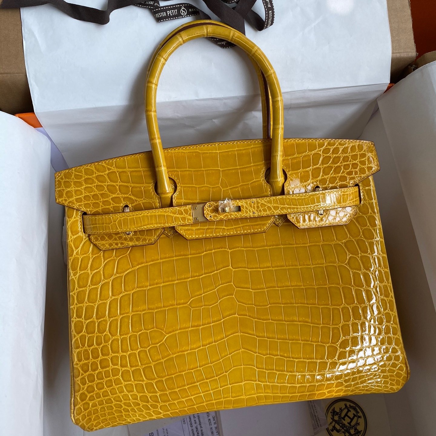 H**mes birkin 30 handmade bag in jaune ambre crocodile niloticus shiny skin