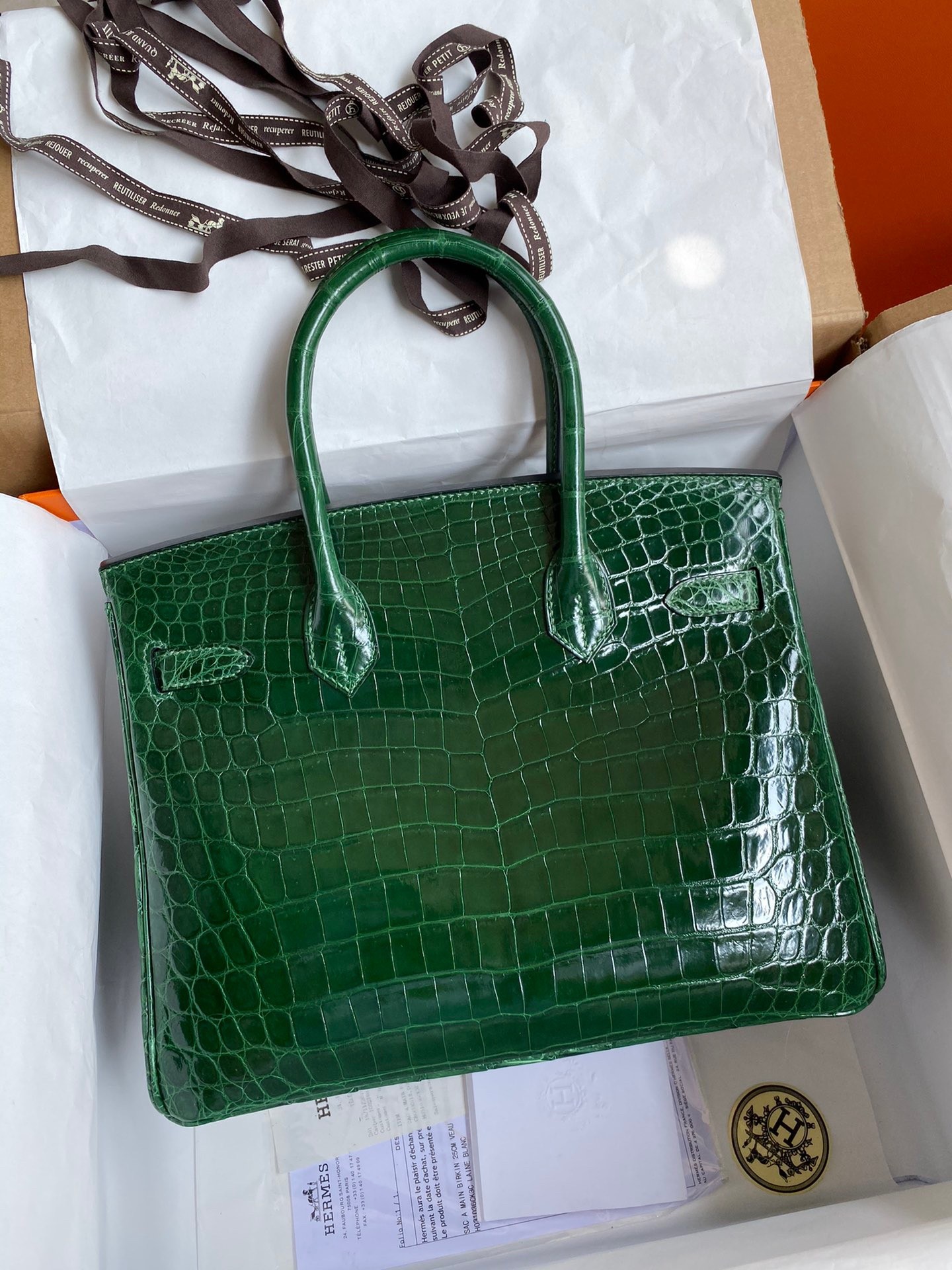H**mes birkin 30 handmade bag in malachite crocodile niloticus shiny skin