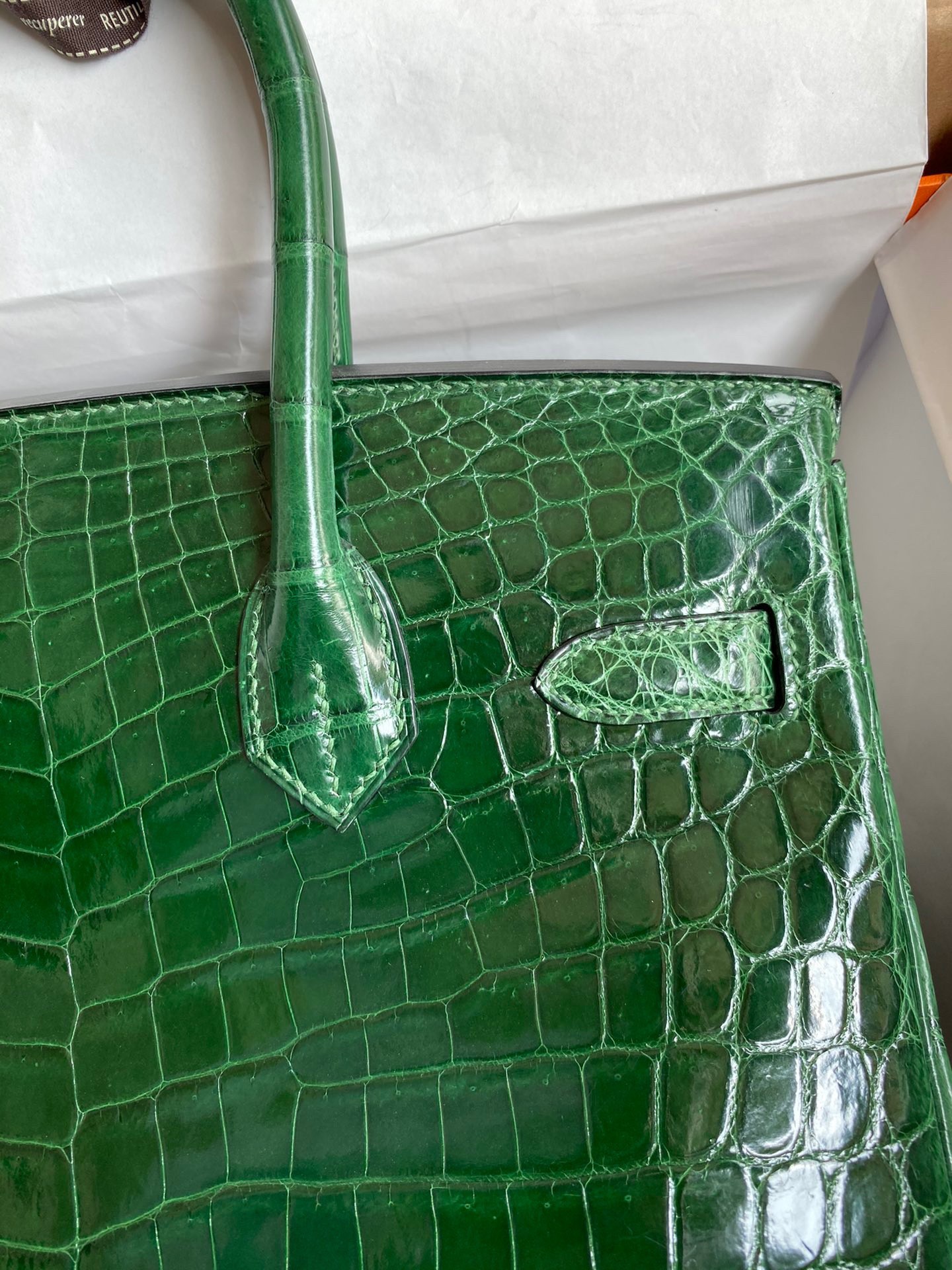 H**mes birkin 30 handmade bag in malachite crocodile niloticus shiny skin