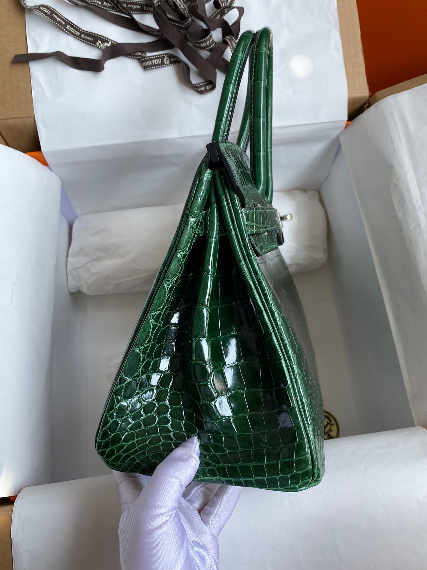 H**mes birkin 30 handmade bag in malachite crocodile niloticus shiny skin