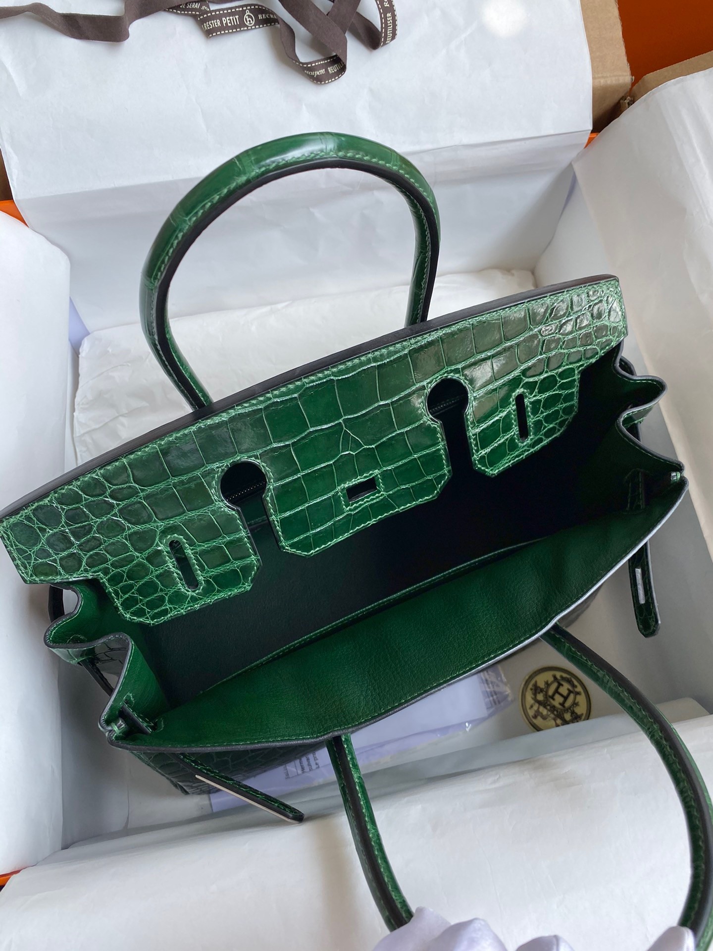 H**mes birkin 30 handmade bag in malachite crocodile niloticus shiny skin