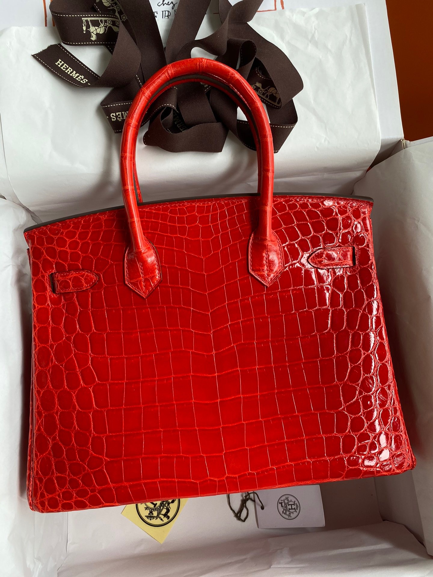 H**mes birkin 30 handmade bag in red crocodile niloticus shiny skin