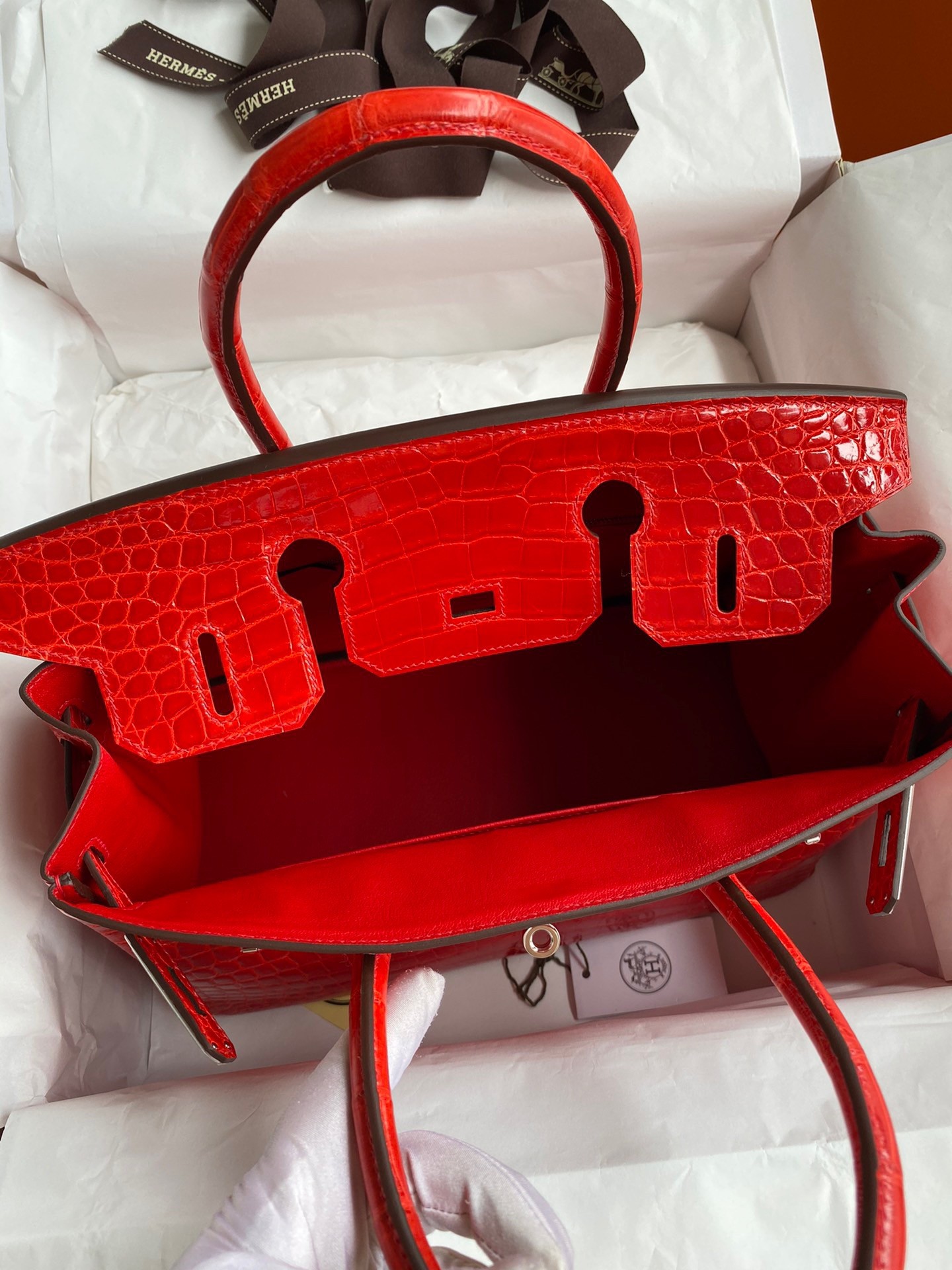 H**mes birkin 30 handmade bag in red crocodile niloticus shiny skin