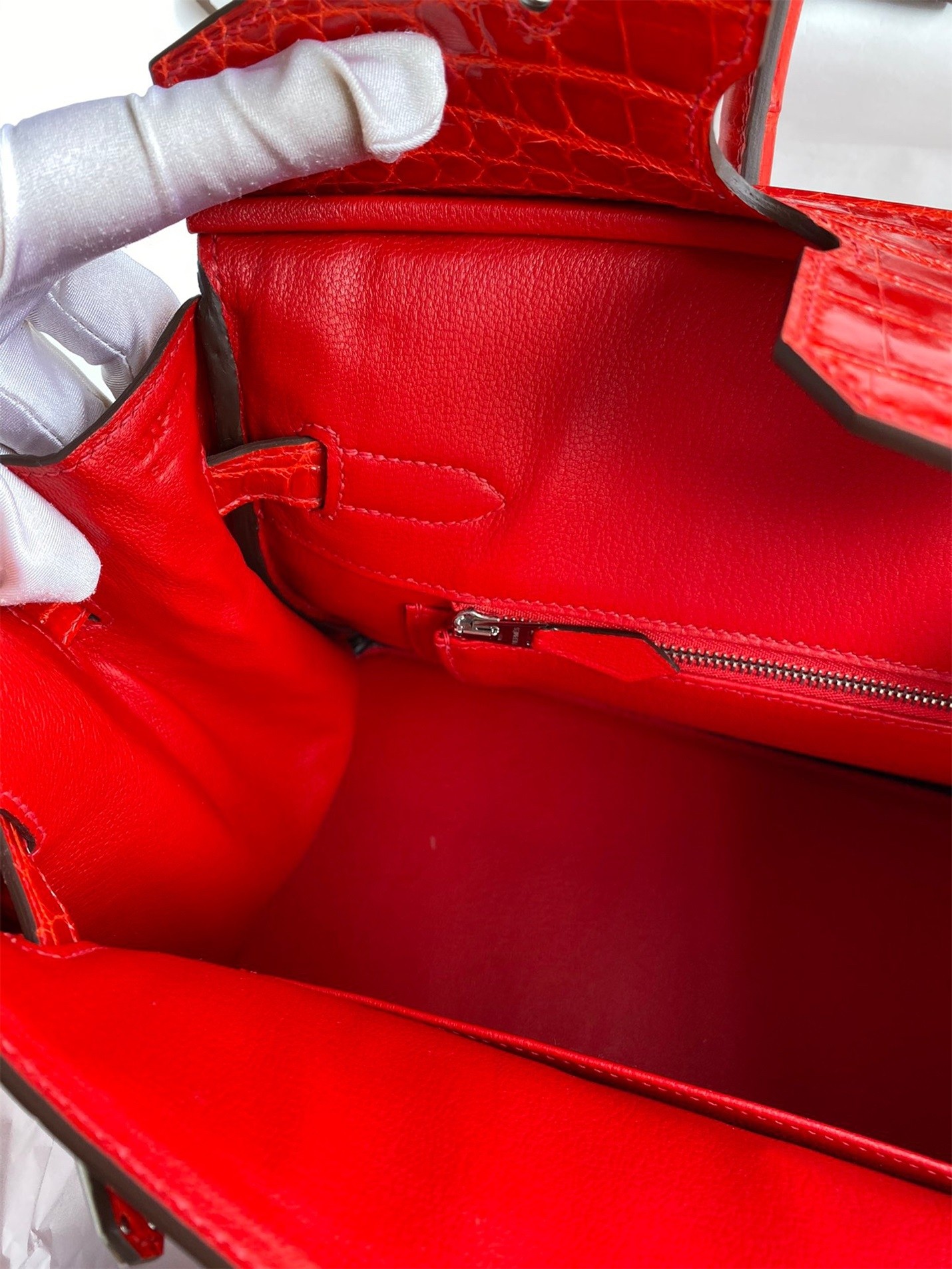 H**mes birkin 30 handmade bag in red crocodile niloticus shiny skin