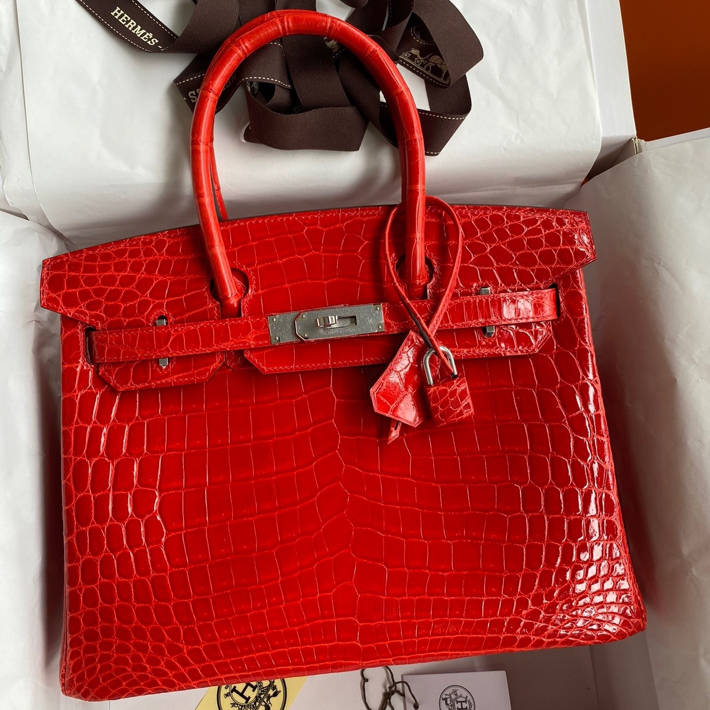 H**mes birkin 30 handmade bag in red crocodile niloticus shiny skin
