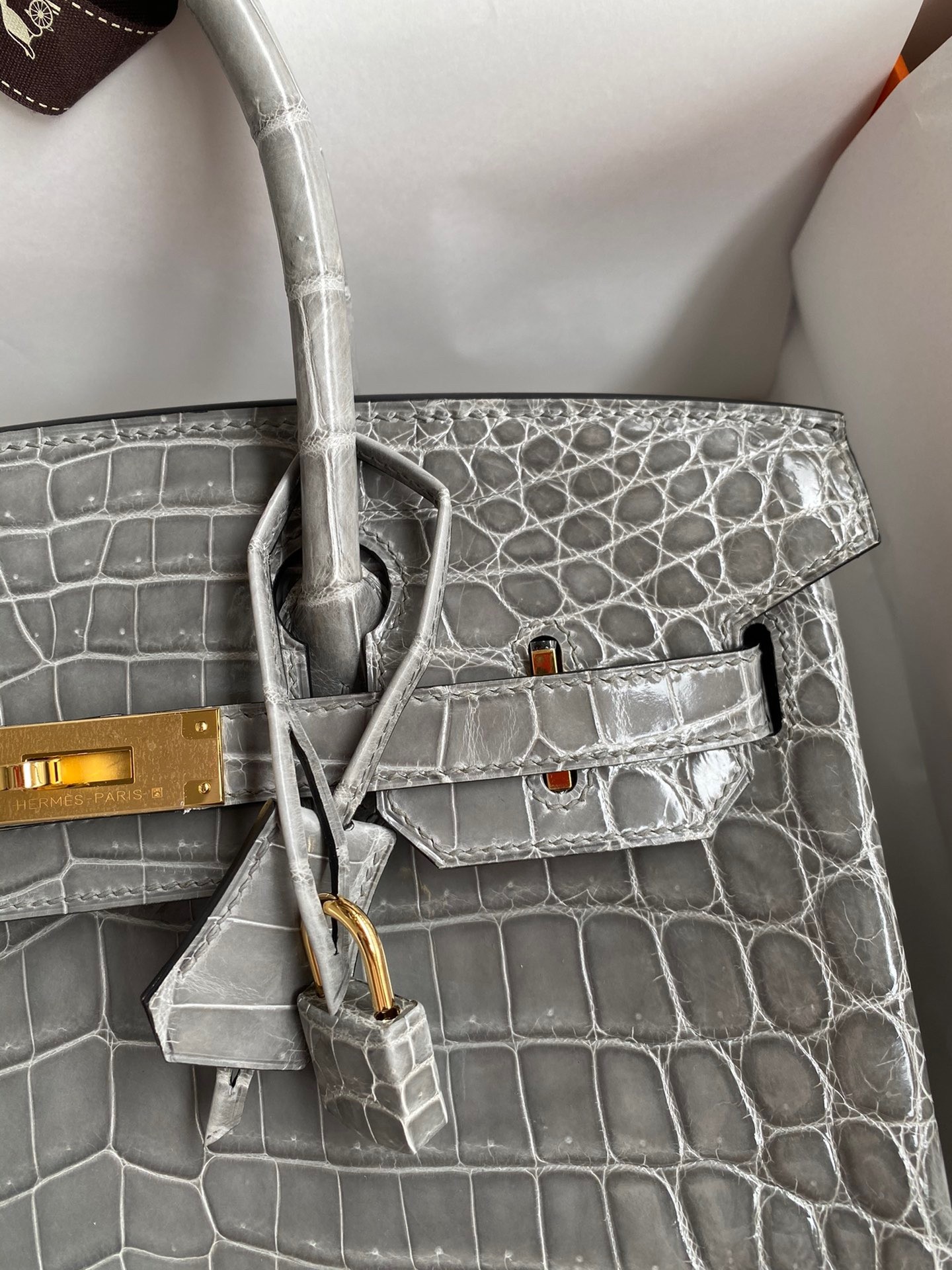 H**mes birkin 30 handmade bag in gris ciment crocodile niloticus shiny skin