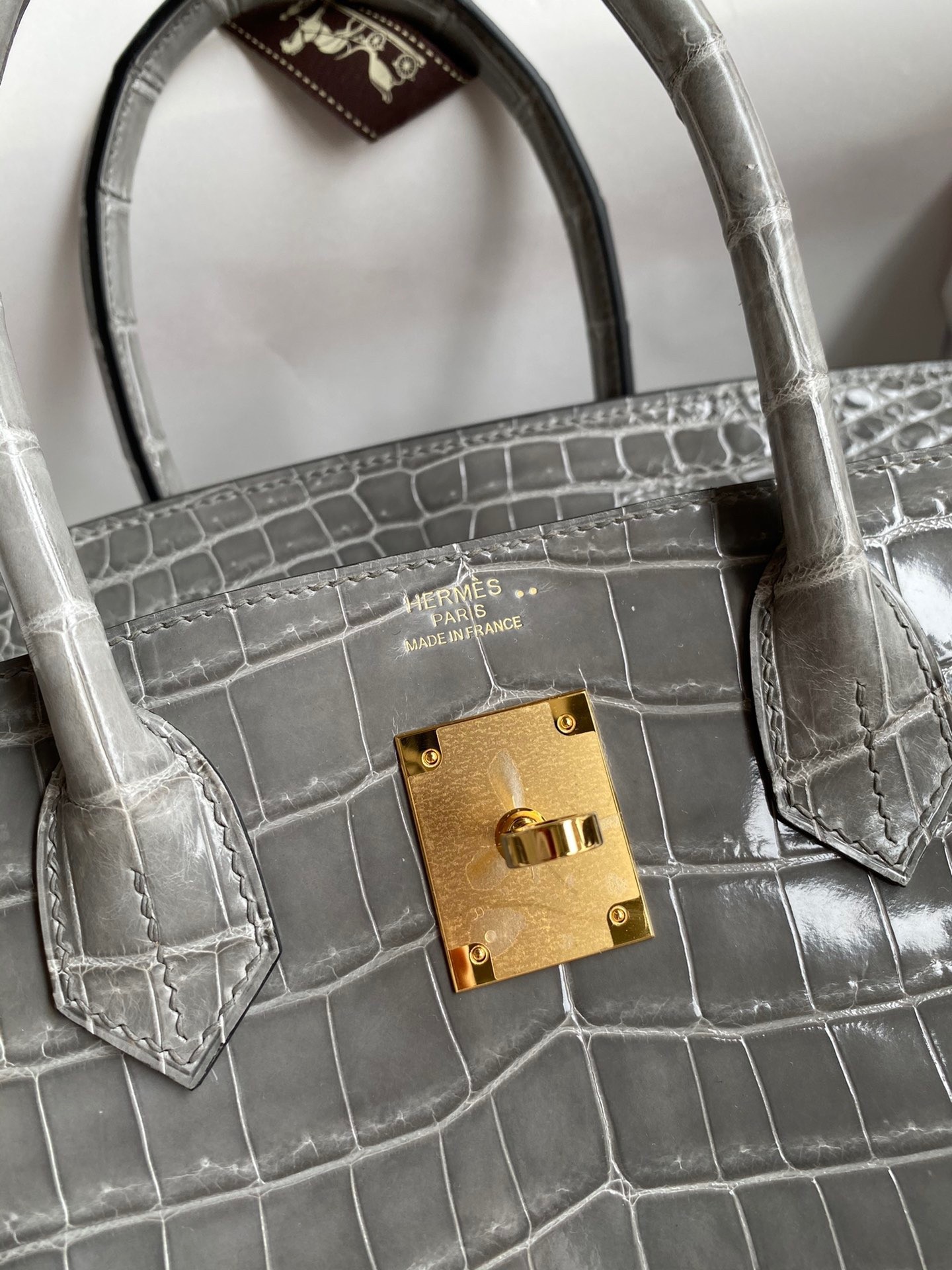 H**mes birkin 30 handmade bag in gris ciment crocodile niloticus shiny skin