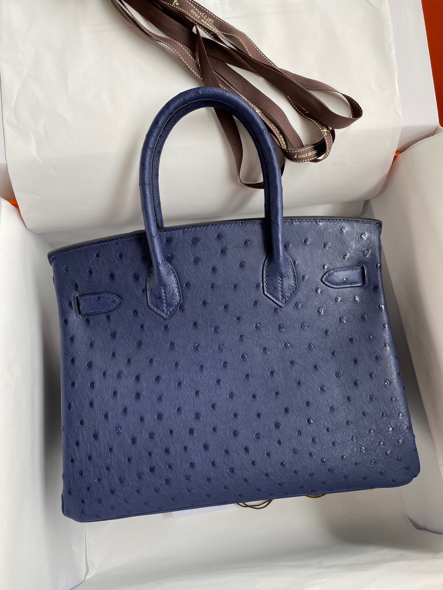H**mes birkin 30 retourne handmade bag in blue iris ostrich leather
