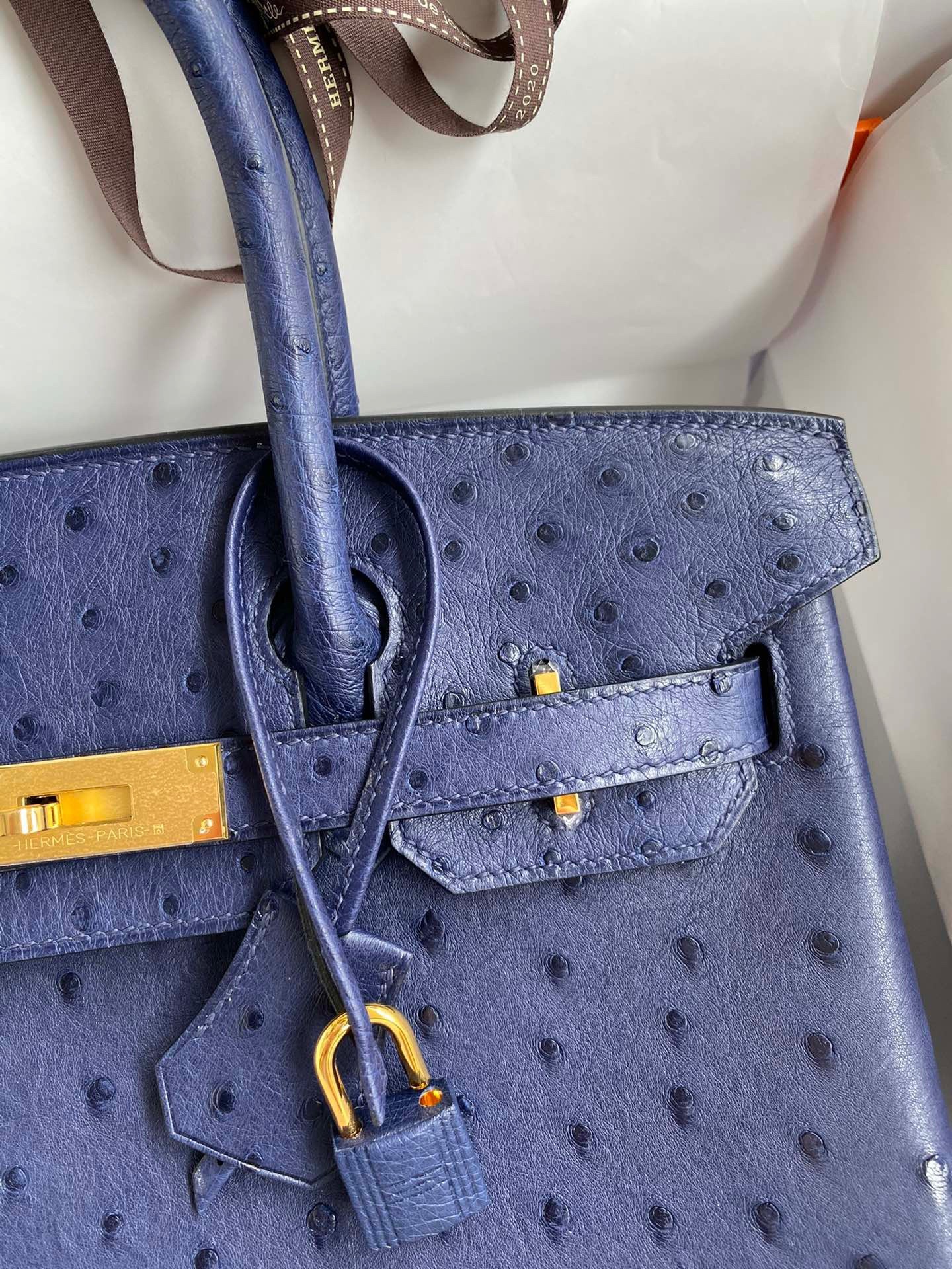 H**mes birkin 30 retourne handmade bag in blue iris ostrich leather