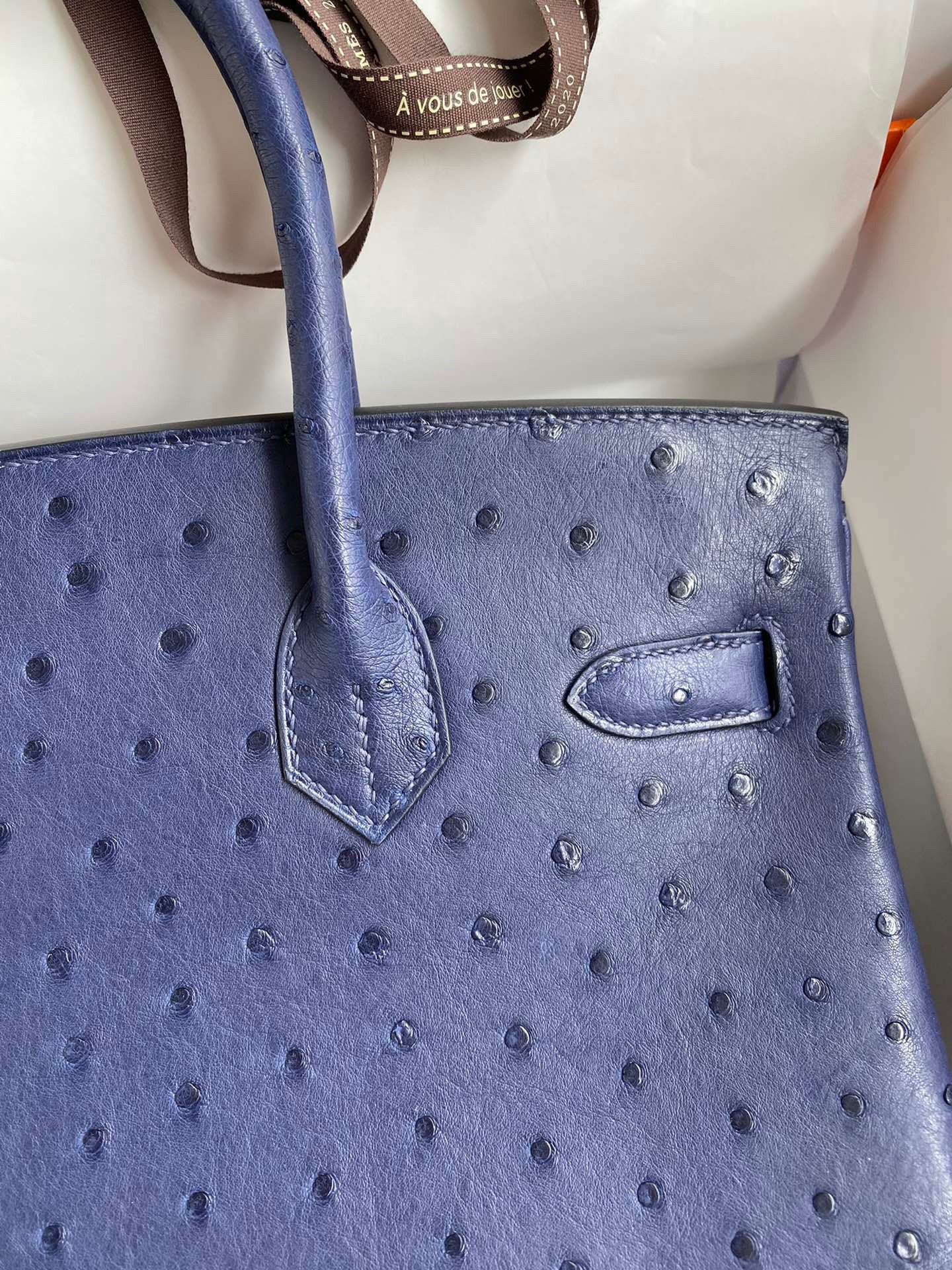 H**mes birkin 30 retourne handmade bag in blue iris ostrich leather