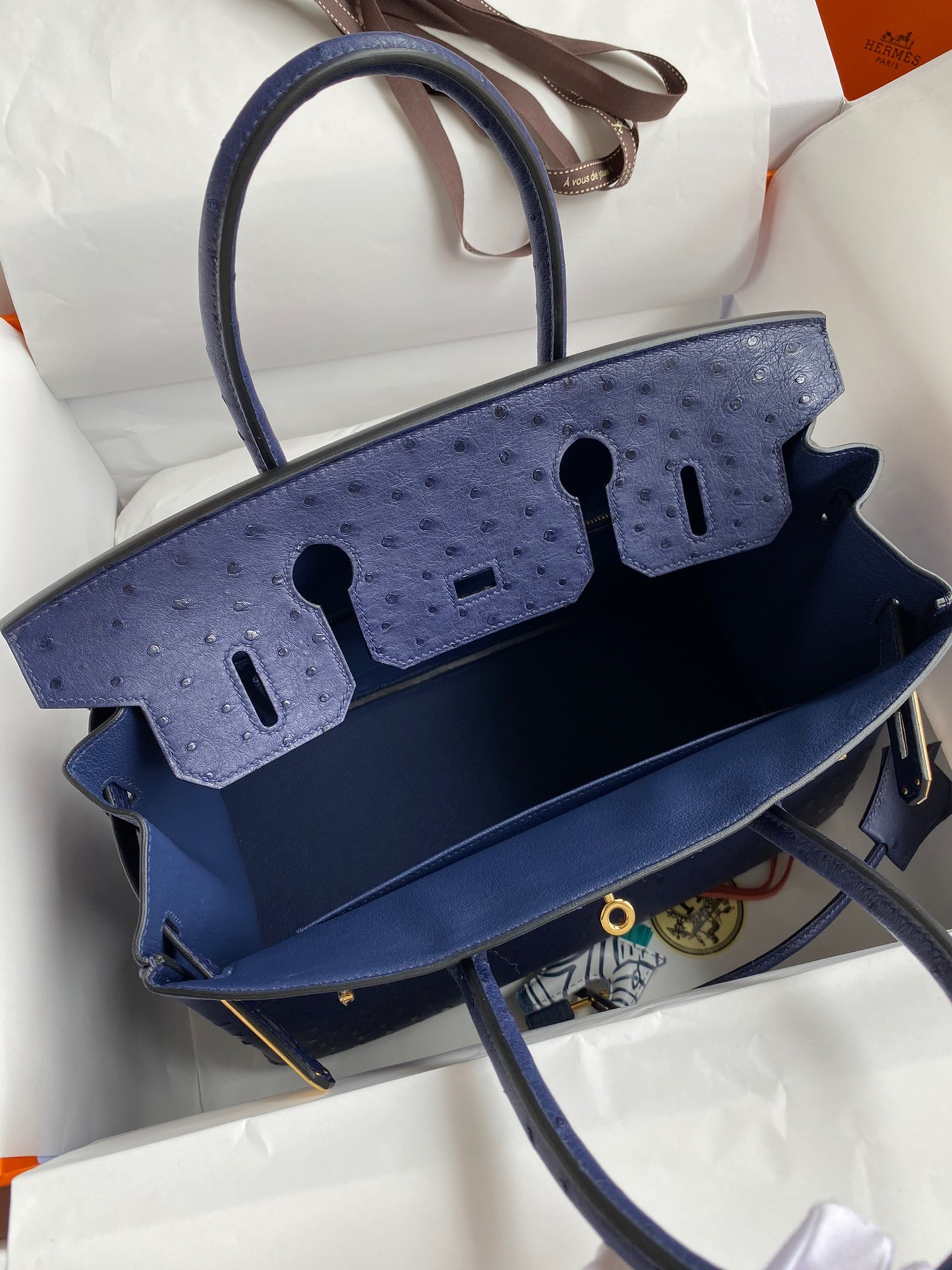 H**mes birkin 30 retourne handmade bag in blue iris ostrich leather