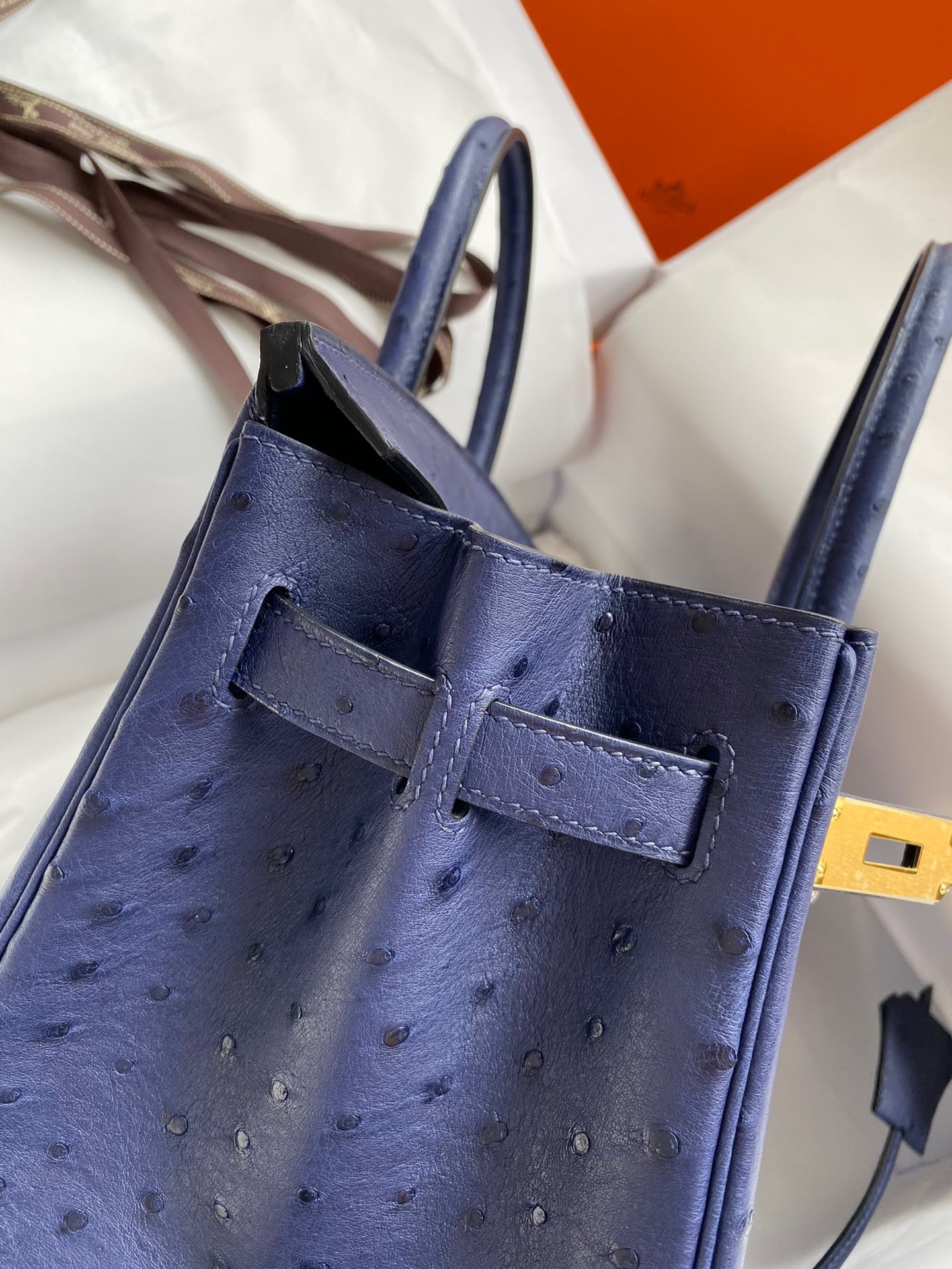 H**mes birkin 30 retourne handmade bag in blue iris ostrich leather