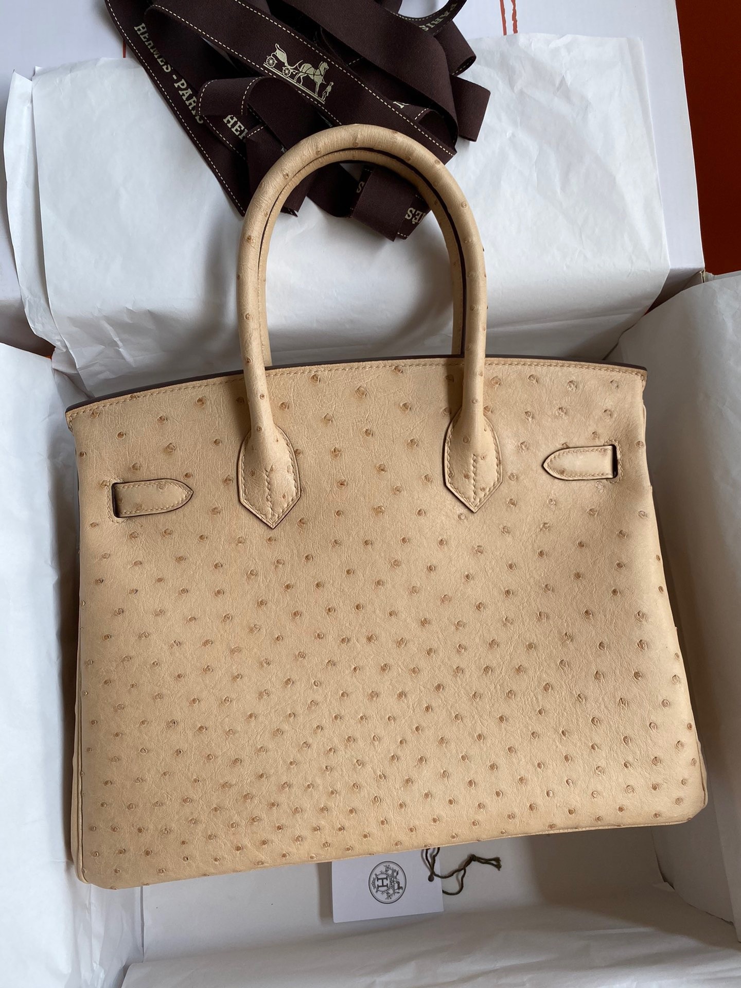 H**mes birkin 30 retourne handmade bag in chai ostrich leather