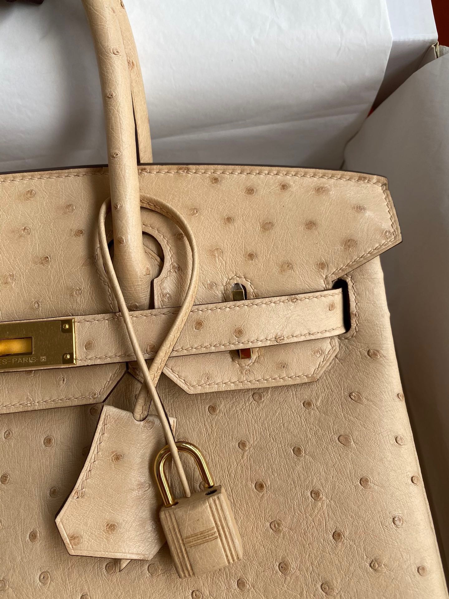 H**mes birkin 30 retourne handmade bag in chai ostrich leather