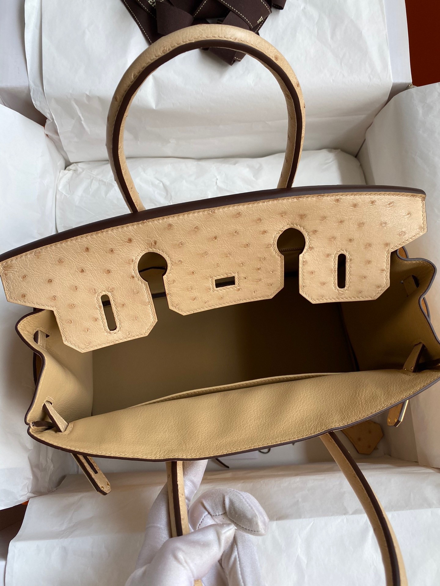 H**mes birkin 30 retourne handmade bag in chai ostrich leather