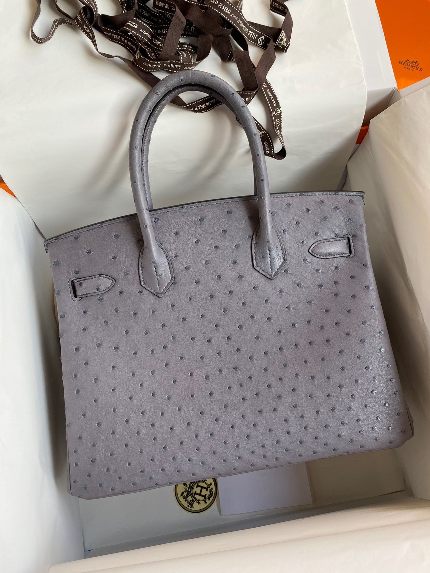 H**mes birkin 30 retourne handmade bag in gris agate ostrich leather