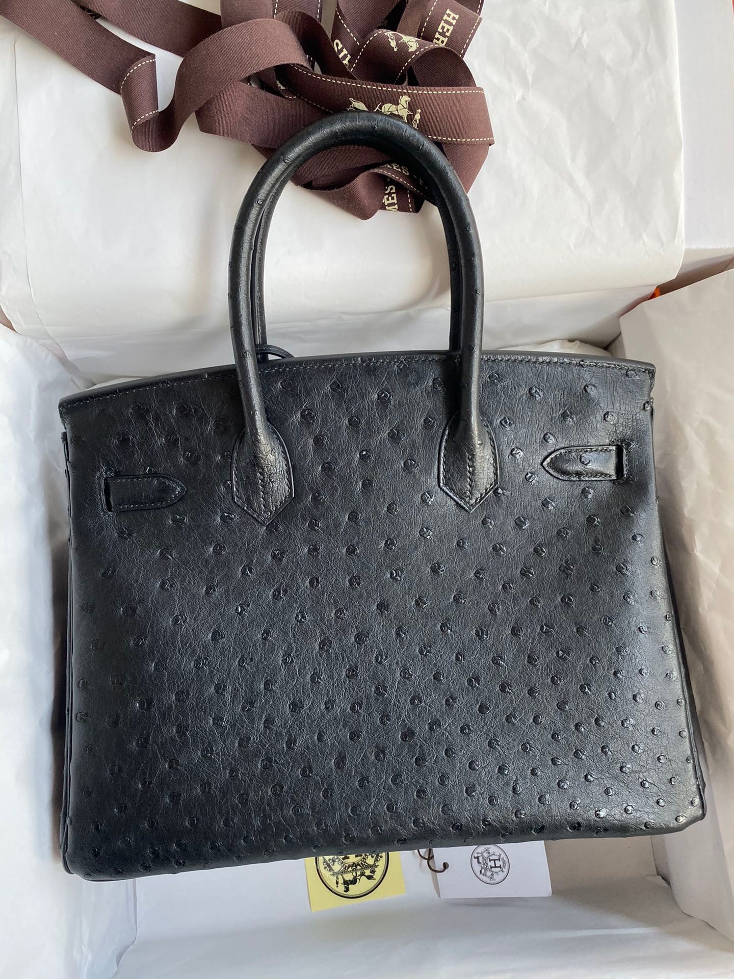 H**mes birkin 30 retourne handmade bag in black ostrich leather