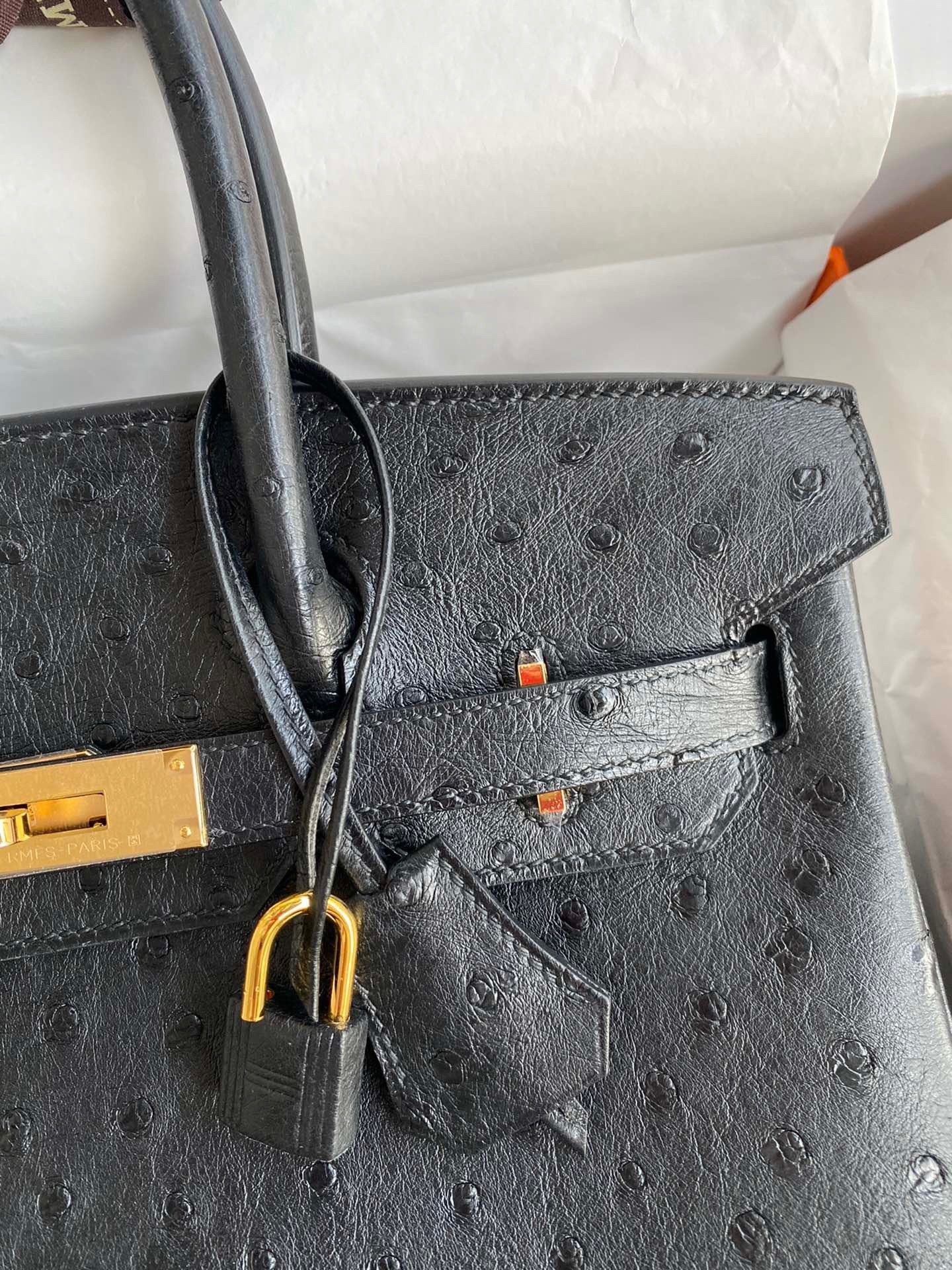 H**mes birkin 30 retourne handmade bag in black ostrich leather