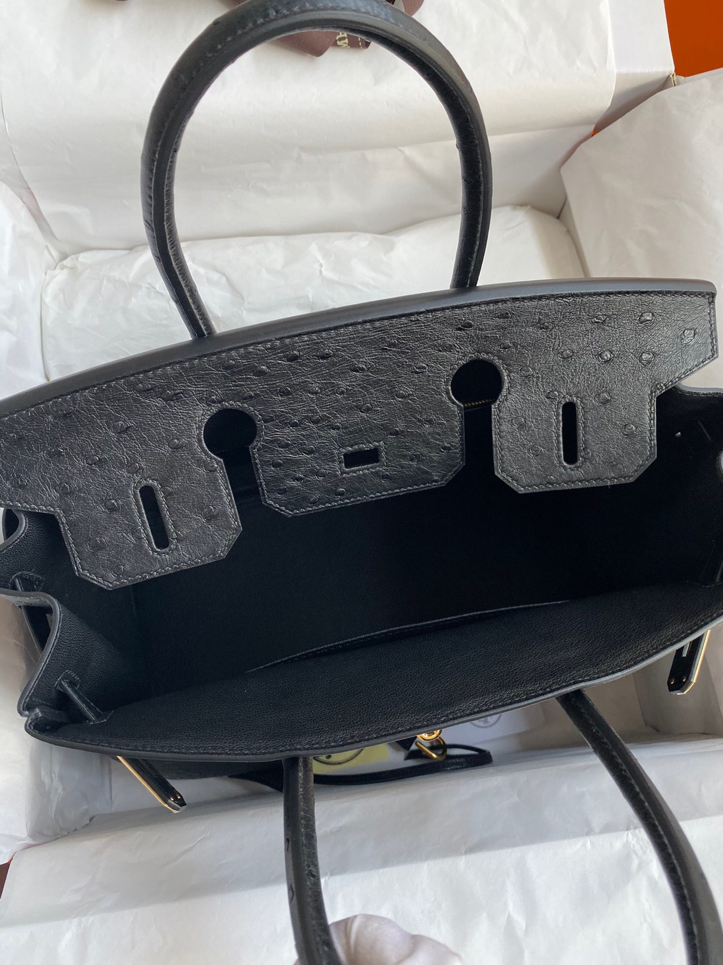 H**mes birkin 30 retourne handmade bag in black ostrich leather