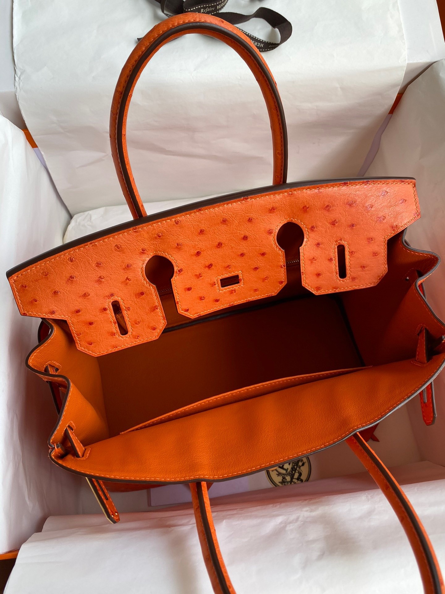 H**mes birkin 30 retourne handmade bag in orange ostrich leather