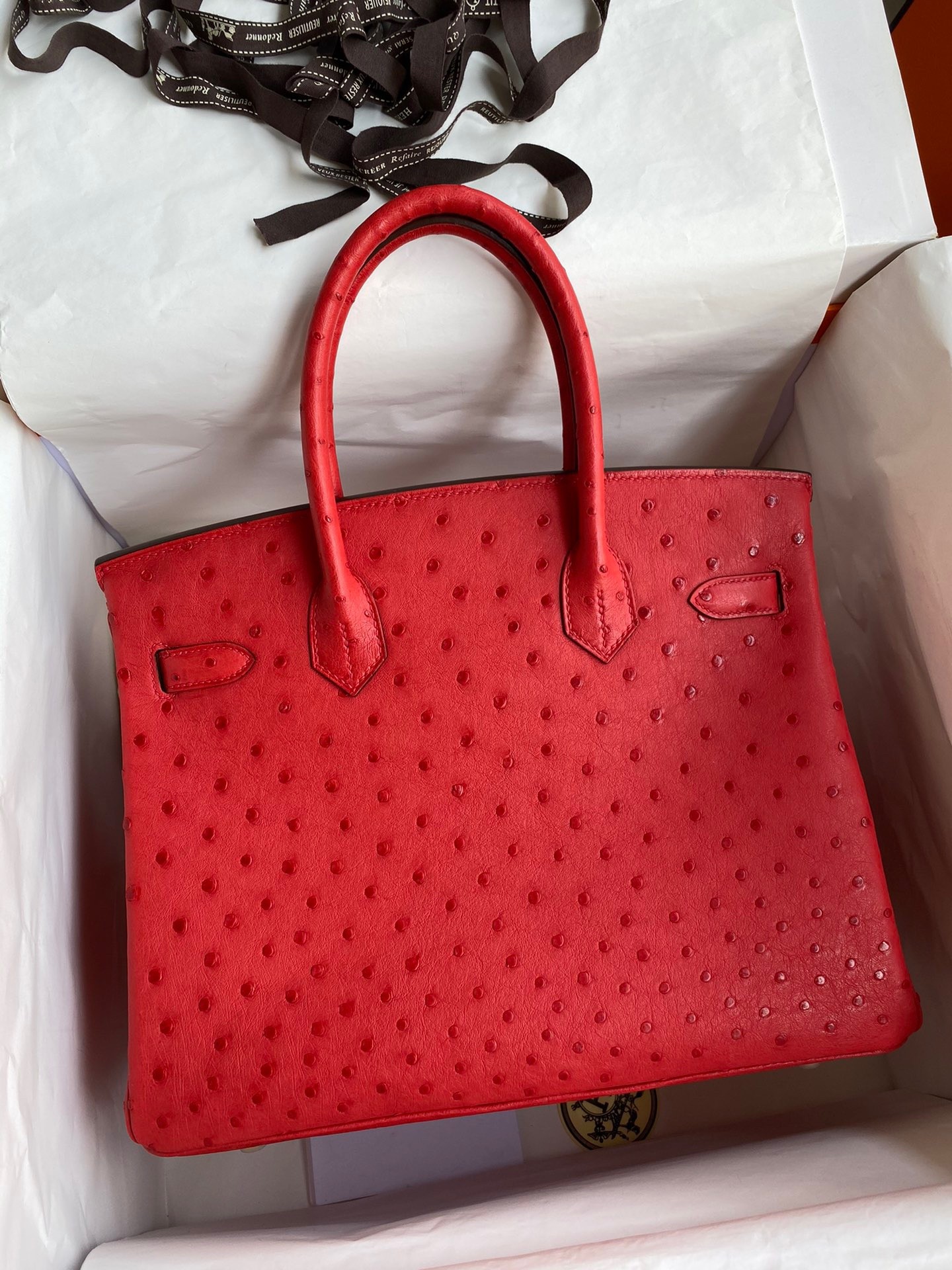 H**mes birkin 30 retourne handmade bag in red ostrich leather